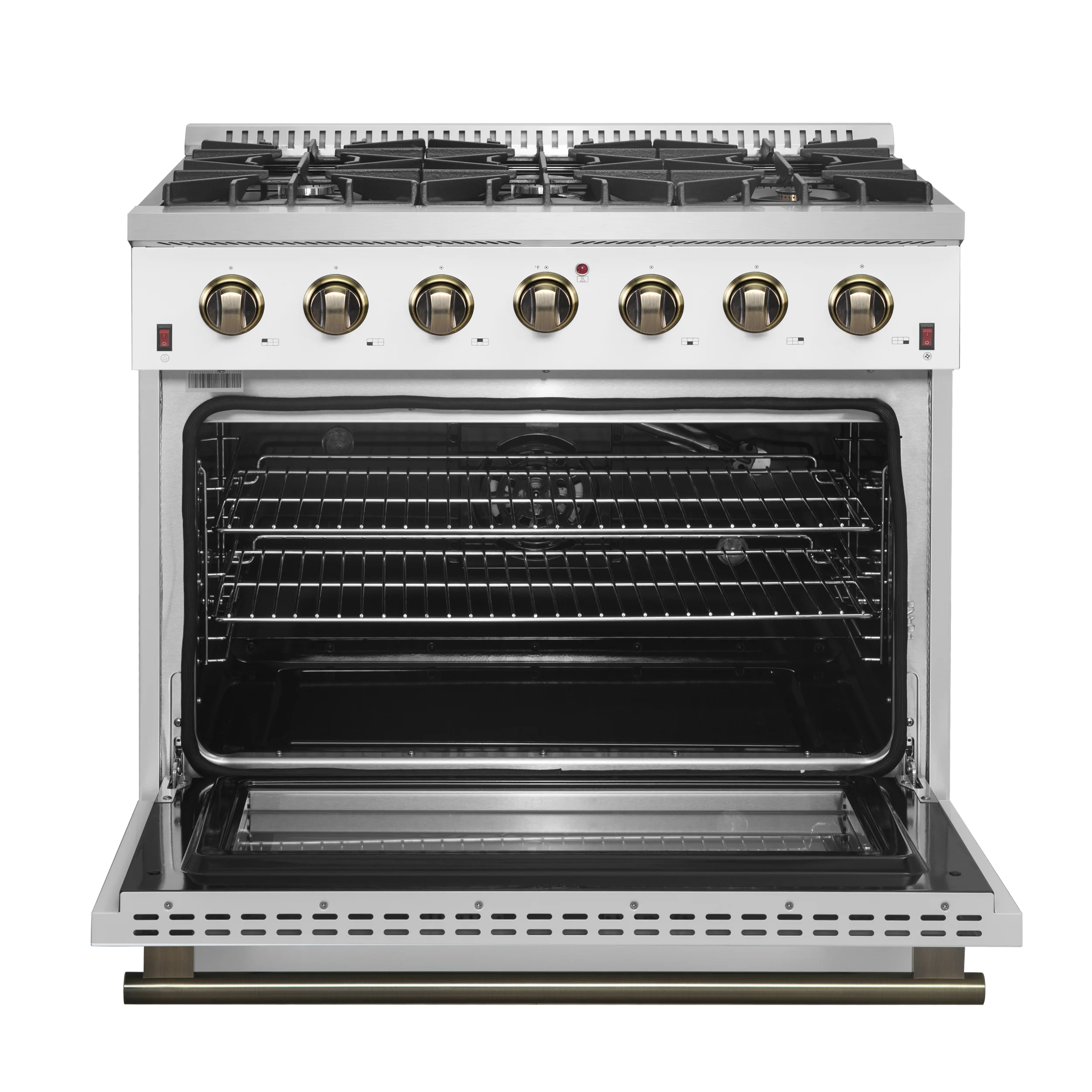 Forno Galiano 36-inch Freestanding Gas Range in White with Antique Brass Design, 6 Burners, 83,000 BTU, 5.36 cu.ft. Convection Oven - Image 4