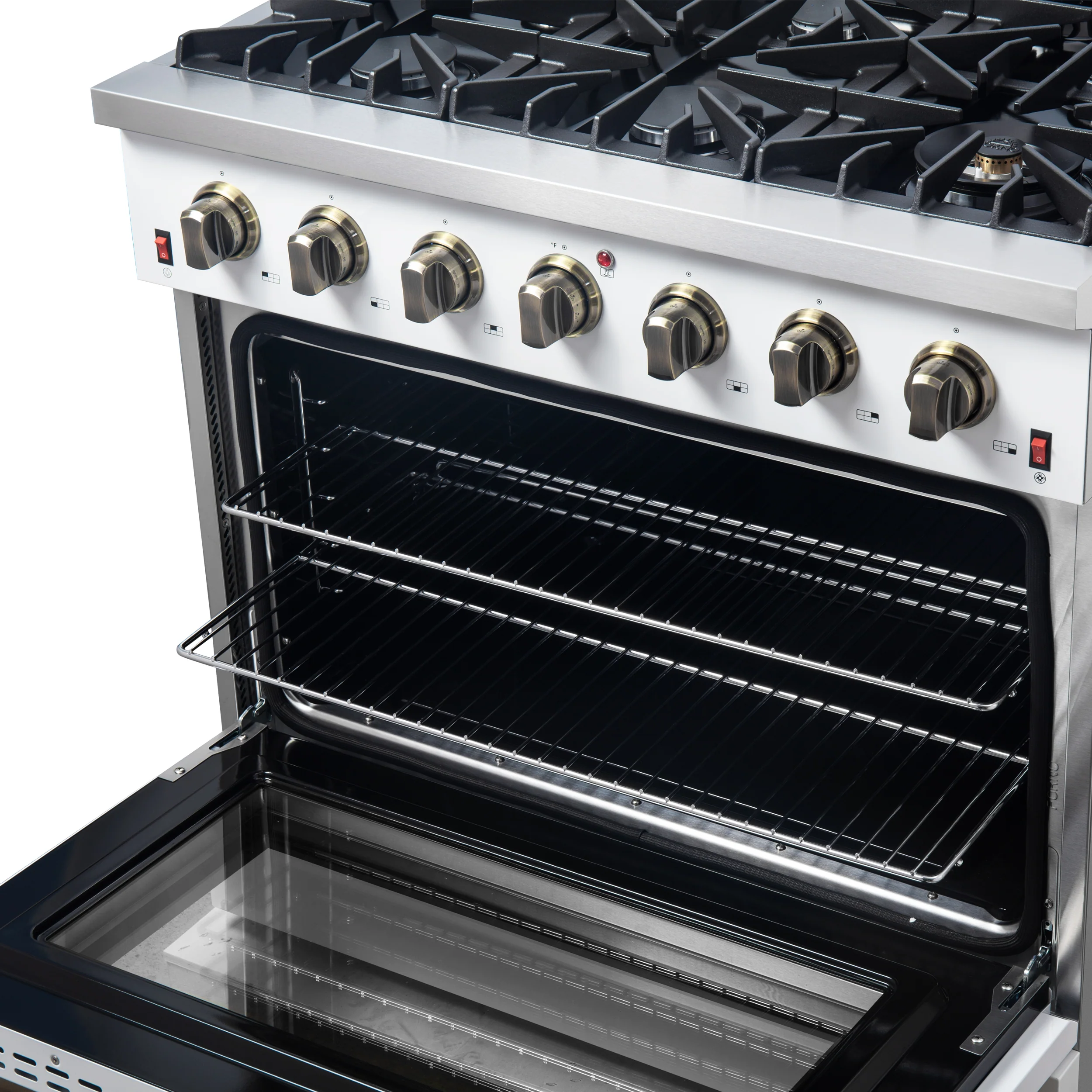 Forno Galiano 36-inch Freestanding Gas Range in White with Antique Brass Design, 6 Burners, 83,000 BTU, 5.36 cu.ft. Convection Oven - Image 9