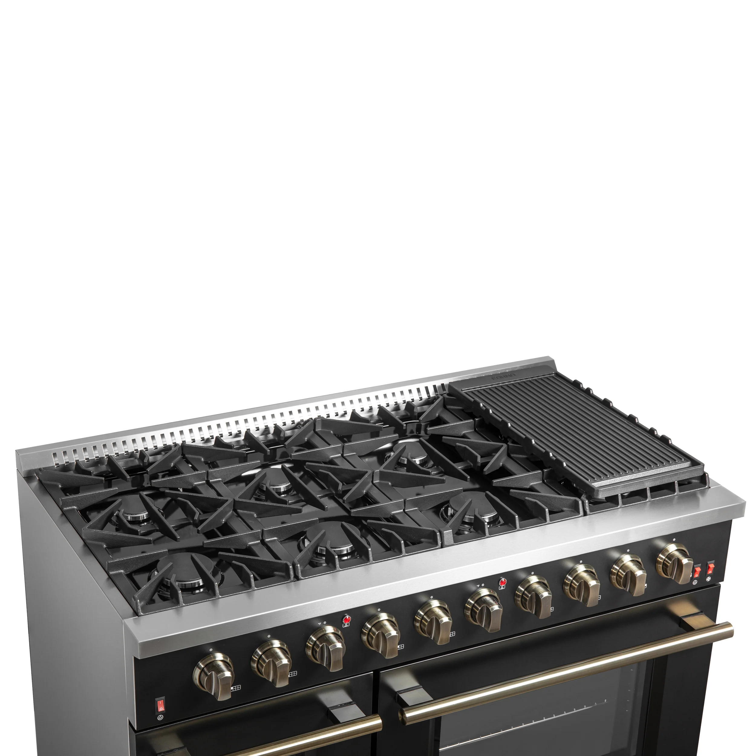 FORNO Galiano 48-inch Gas Range Black & Antique Brass Design, 8 Burners, 107,000 BTU, Griddle, 6.58 cu.ft. Double Ovens - Image 11