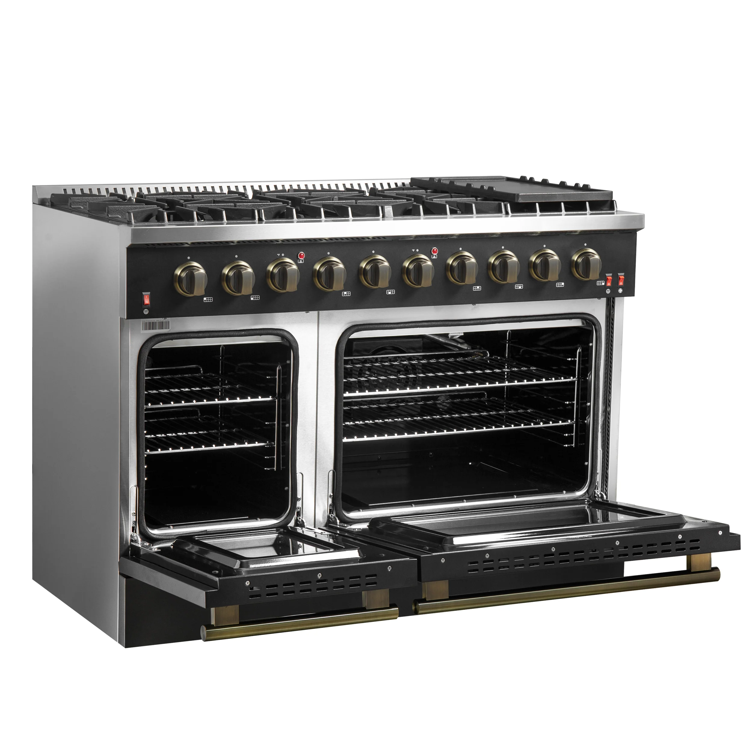 FORNO Galiano 48-inch Gas Range Black & Antique Brass Design, 8 Burners, 107,000 BTU, Griddle, 6.58 cu.ft. Double Ovens - Image 14