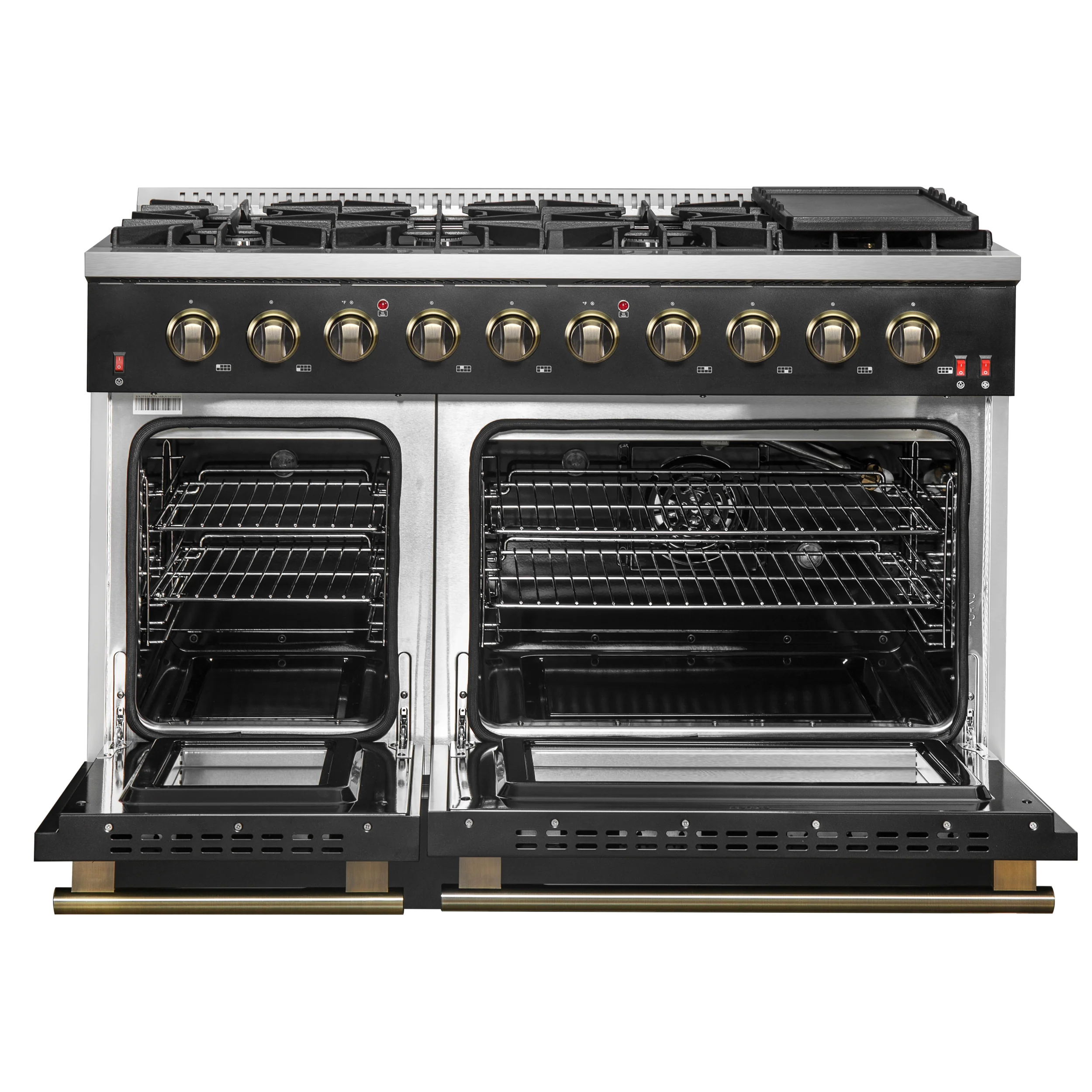 FORNO Galiano 48-inch Gas Range Black & Antique Brass Design, 8 Burners, 107,000 BTU, Griddle, 6.58 cu.ft. Double Ovens - Image 2