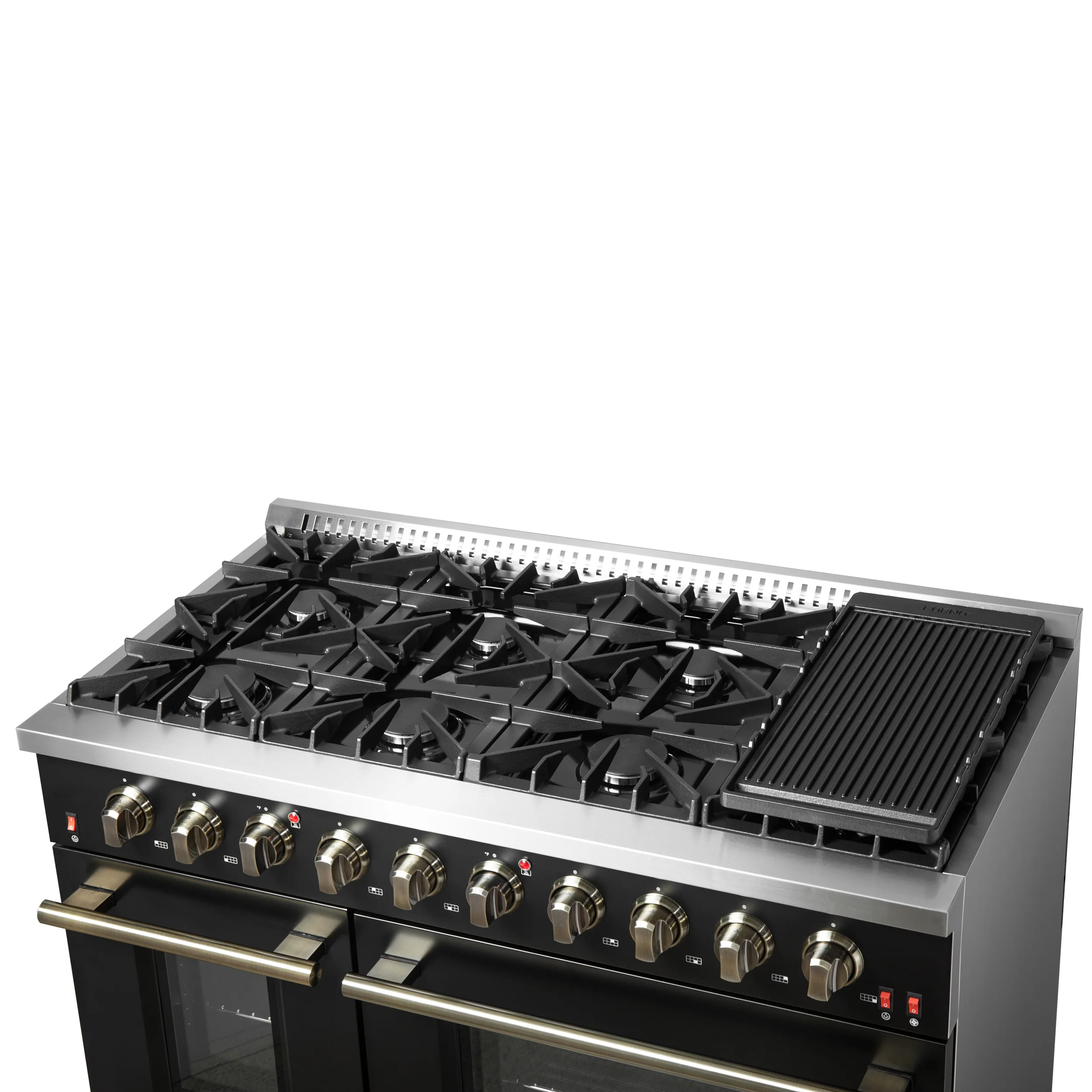FORNO Galiano 48-inch Gas Range Black & Antique Brass Design, 8 Burners, 107,000 BTU, Griddle, 6.58 cu.ft. Double Ovens - Image 5