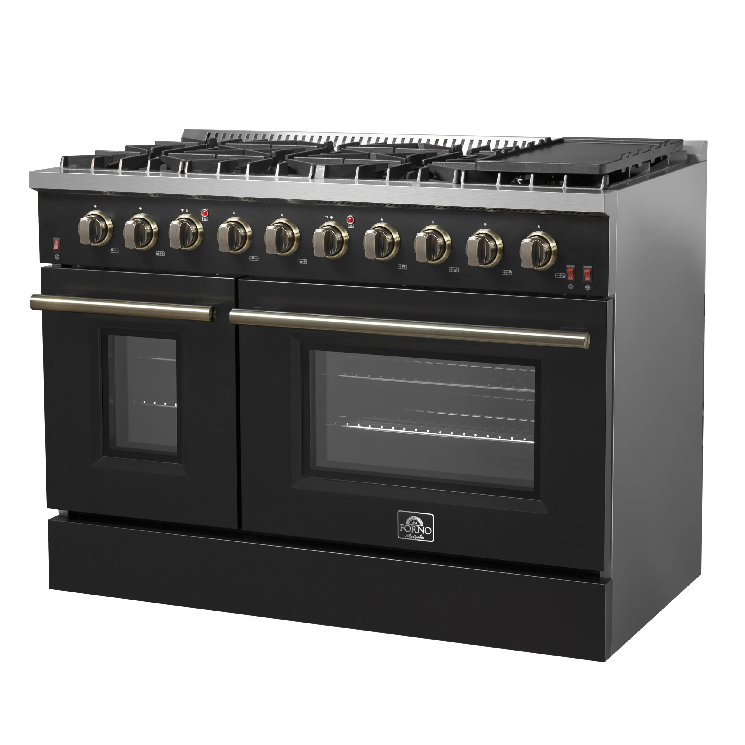 FORNO Galiano 48-inch Gas Range Black & Antique Brass Design, 8 Burners, 107,000 BTU, Griddle, 6.58 cu.ft. Double Ovens - Image 6