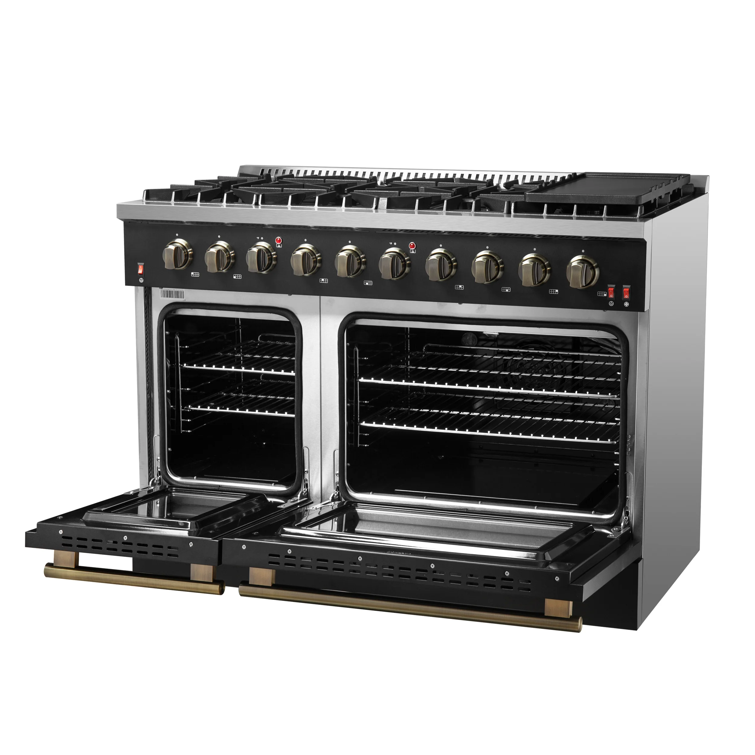 FORNO Galiano 48-inch Gas Range Black & Antique Brass Design, 8 Burners, 107,000 BTU, Griddle, 6.58 cu.ft. Double Ovens - Image 7