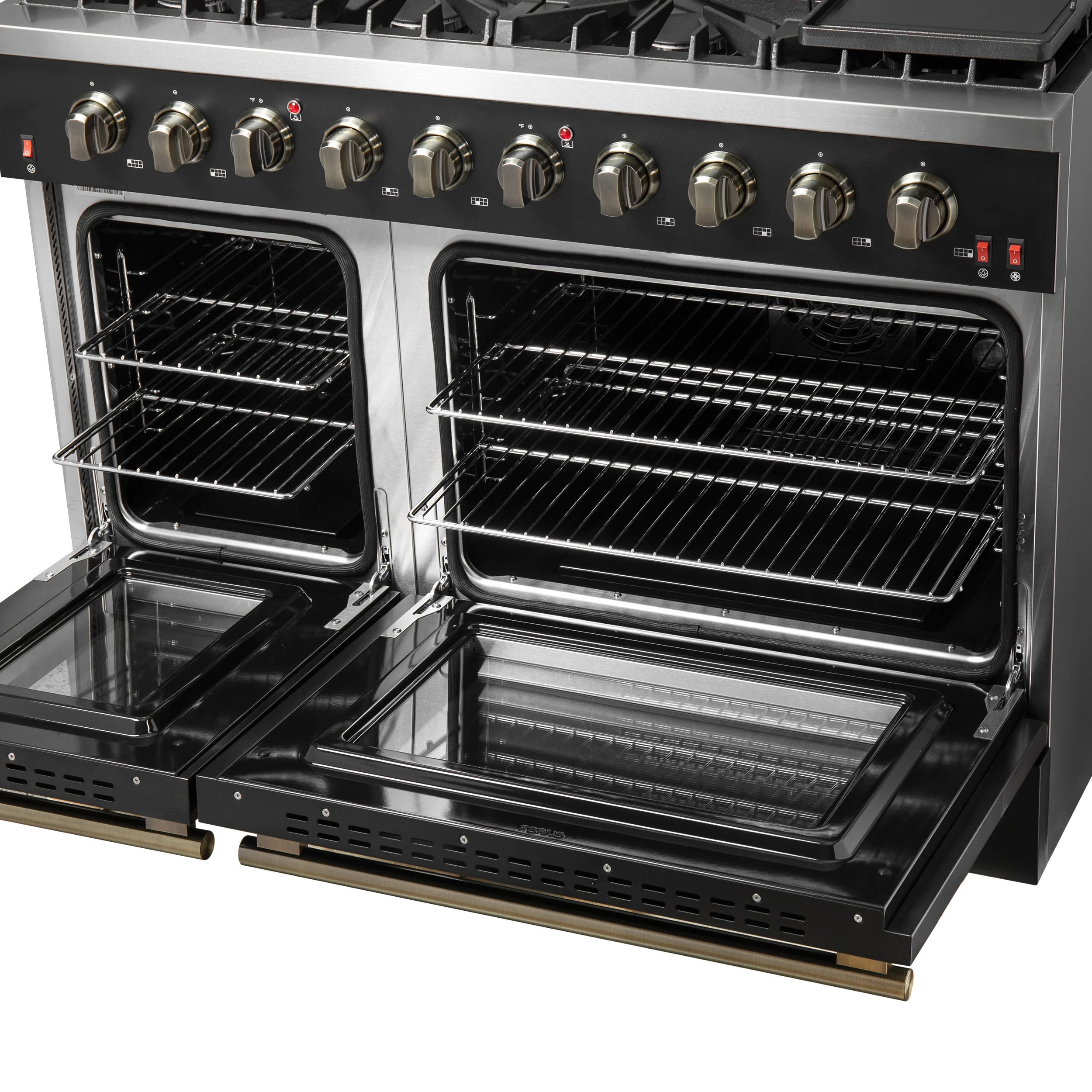 FORNO Galiano 48-inch Gas Range Black & Antique Brass Design, 8 Burners, 107,000 BTU, Griddle, 6.58 cu.ft. Double Ovens - Image 8