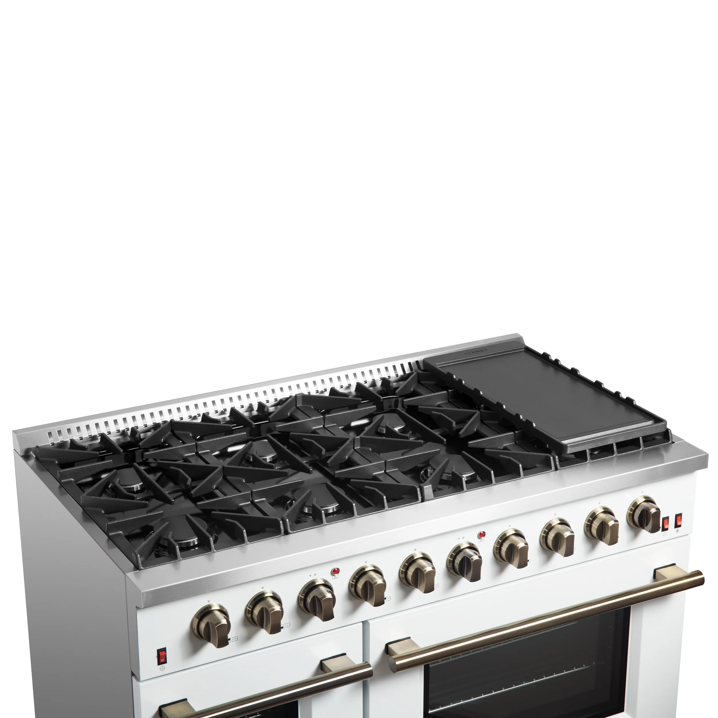 FORNO Galiano 48-inch Gas Range White & Antique Brass Design, 8 Burners, 107,000 BTU, Griddle, 6.58 cu.ft. Double Ovens - Image 10