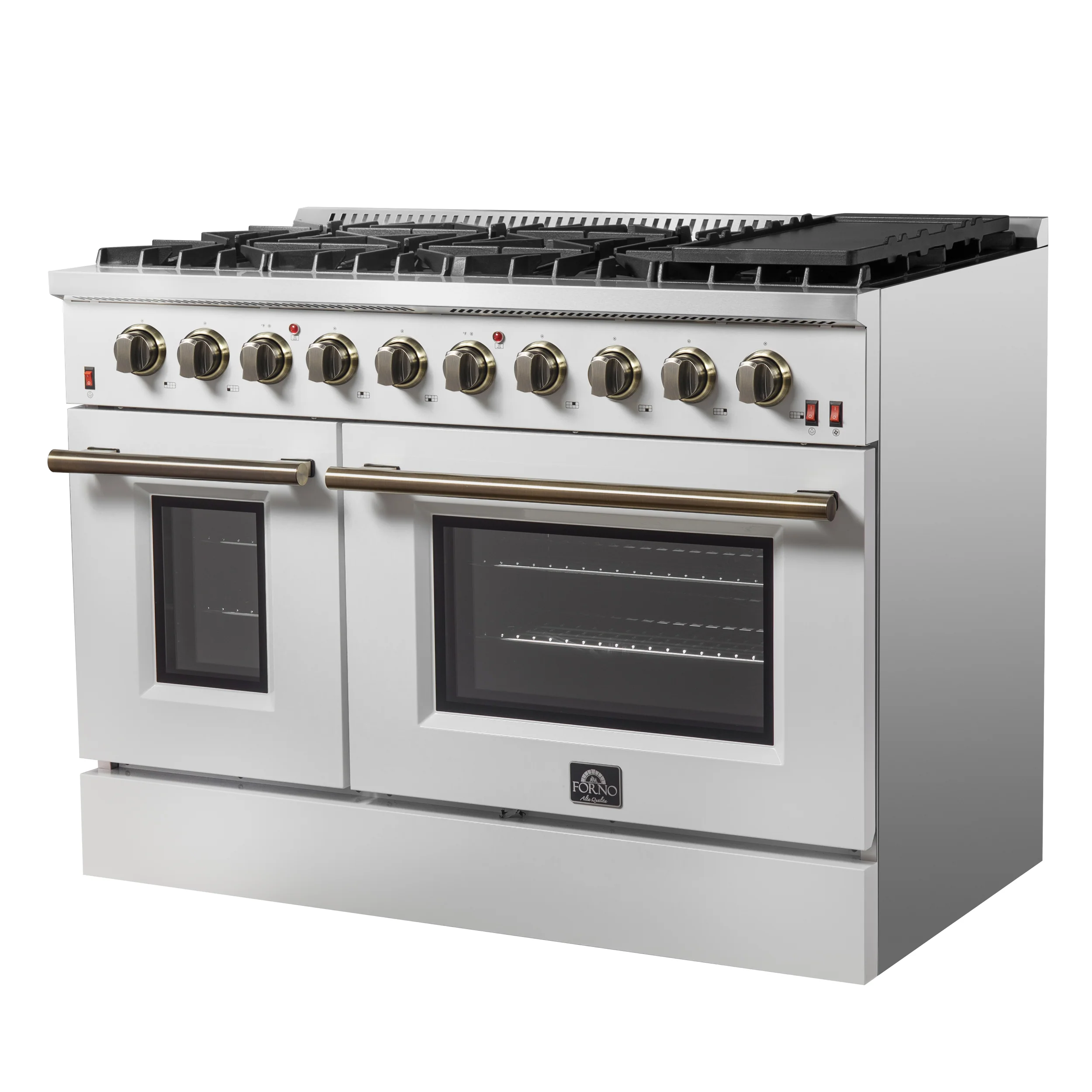 FORNO Galiano 48-inch Gas Range White & Antique Brass Design, 8 Burners, 107,000 BTU, Griddle, 6.58 cu.ft. Double Ovens - Image 11