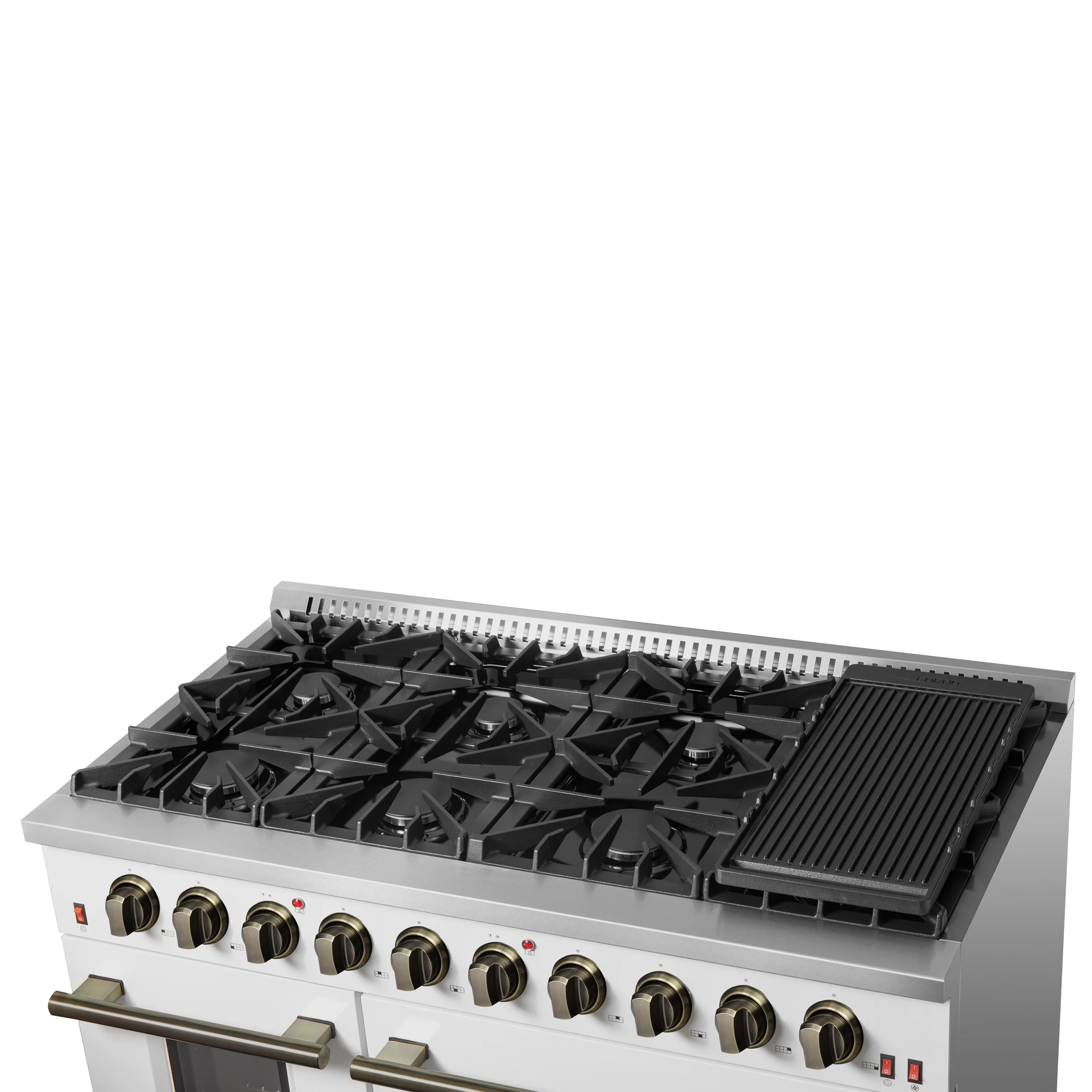 FORNO Galiano 48-inch Gas Range White & Antique Brass Design, 8 Burners, 107,000 BTU, Griddle, 6.58 cu.ft. Double Ovens - Image 13