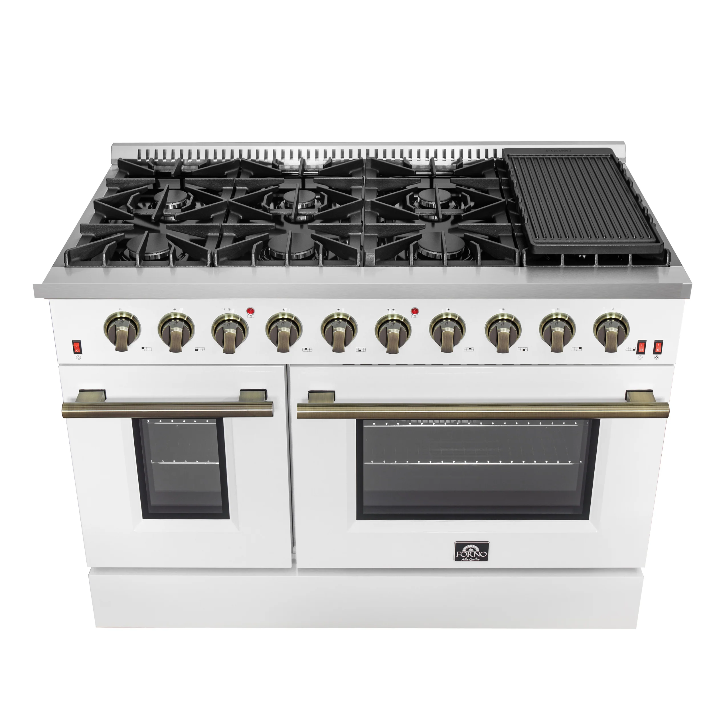 FORNO Galiano 48-inch Gas Range White & Antique Brass Design, 8 Burners, 107,000 BTU, Griddle, 6.58 cu.ft. Double Ovens - Image 3
