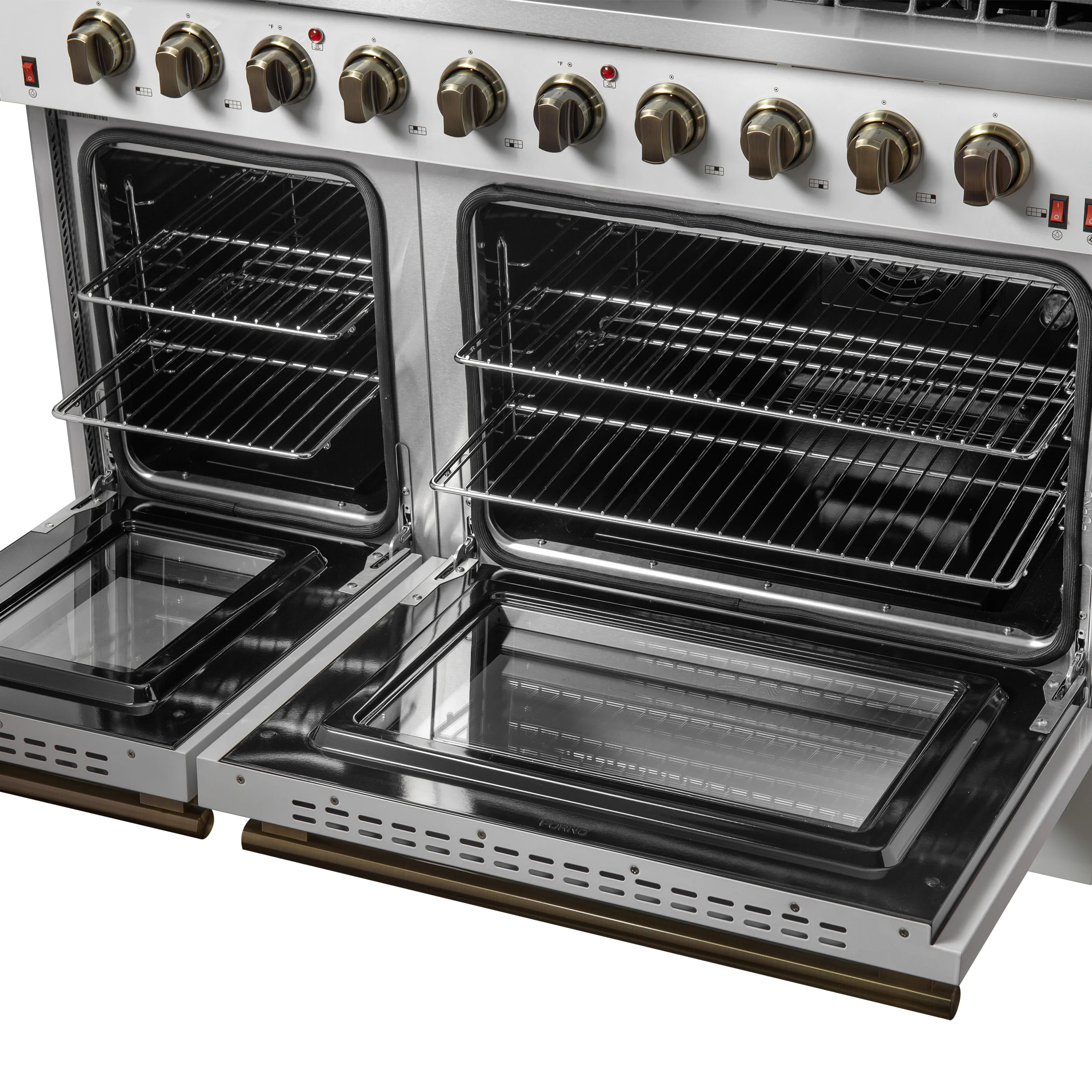 FORNO Galiano 48-inch Gas Range White & Antique Brass Design, 8 Burners, 107,000 BTU, Griddle, 6.58 cu.ft. Double Ovens - Image 4