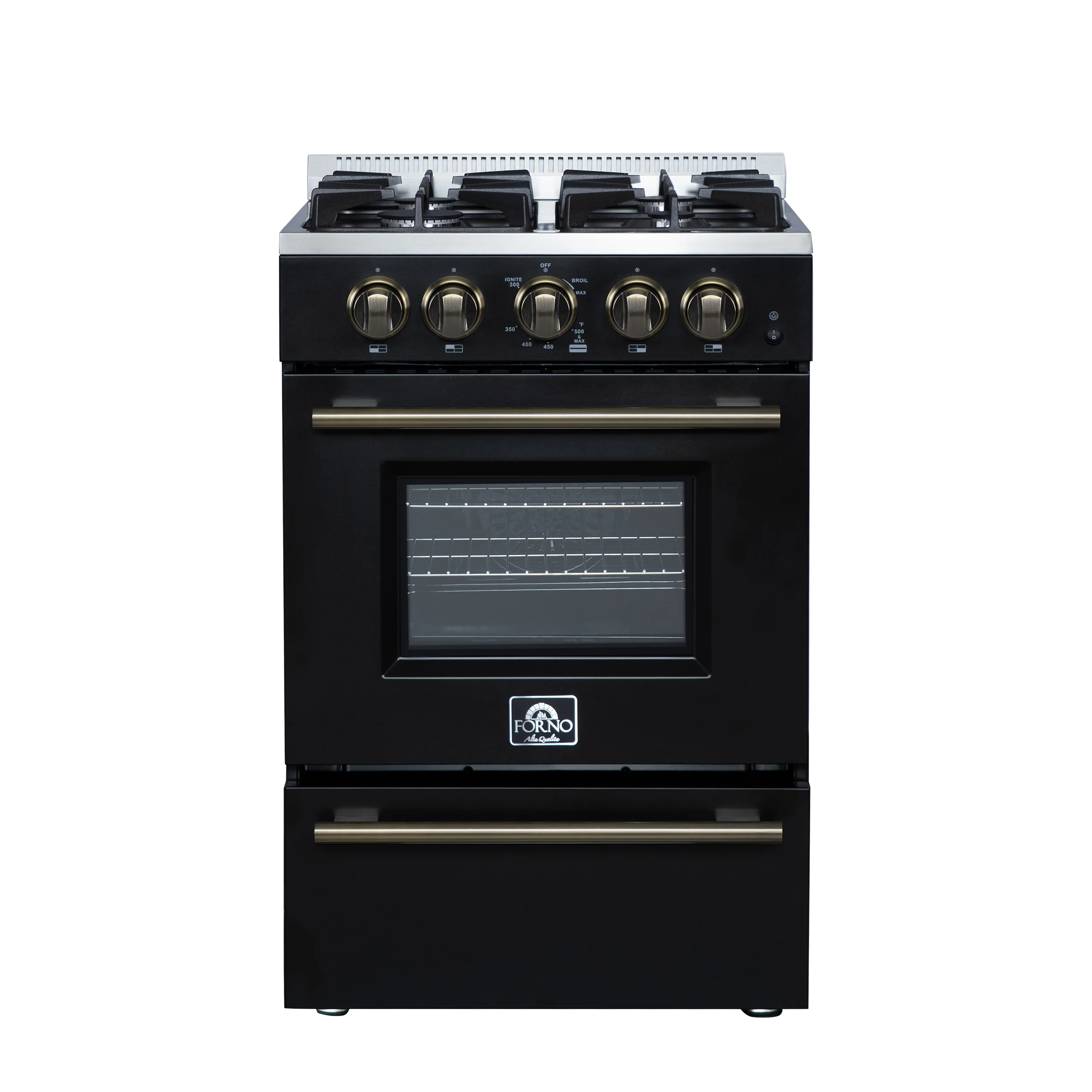 Forno Breno 24 Inch Freestanding Gas Range in Black with Antique Brass, Compact Design