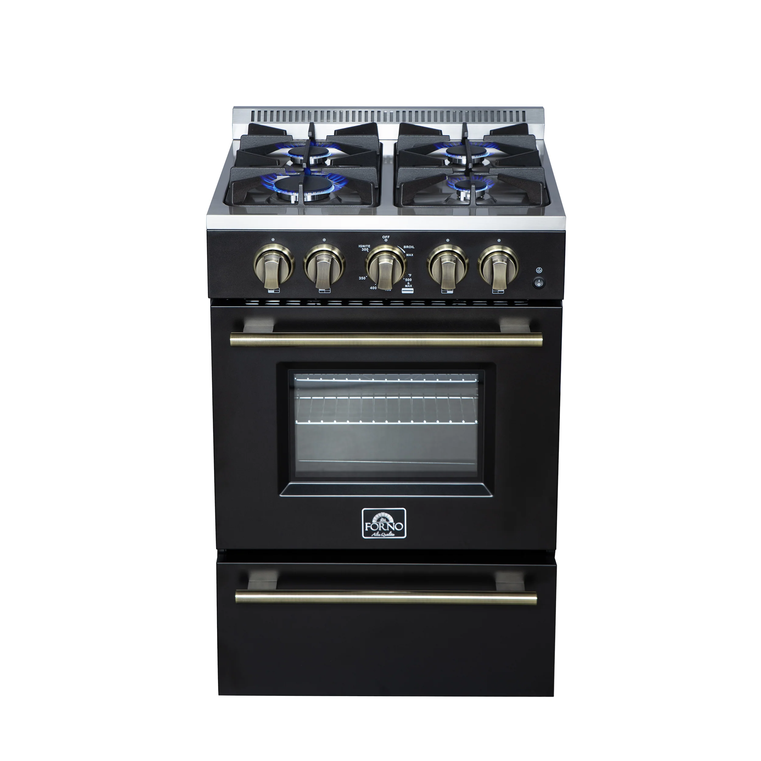 Forno Breno 24 Inch Freestanding Gas Range in Black with Antique Brass, Compact Design - Image 2