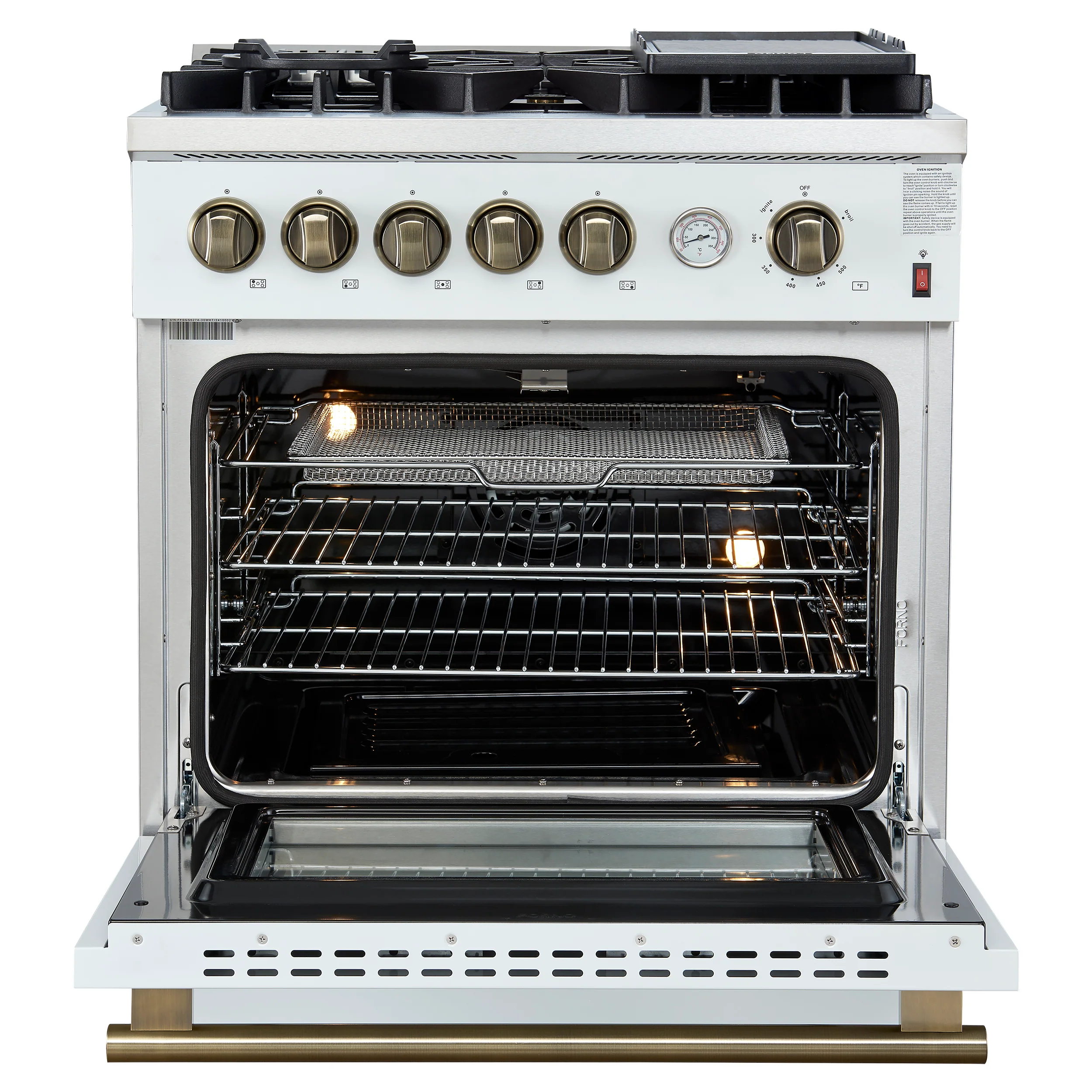Giovanni 30-inch Gas Range White & Antique Brass Design, 5 Burners 67,000 BTU, 4.32 cu.ft. Convection Oven - Image 2