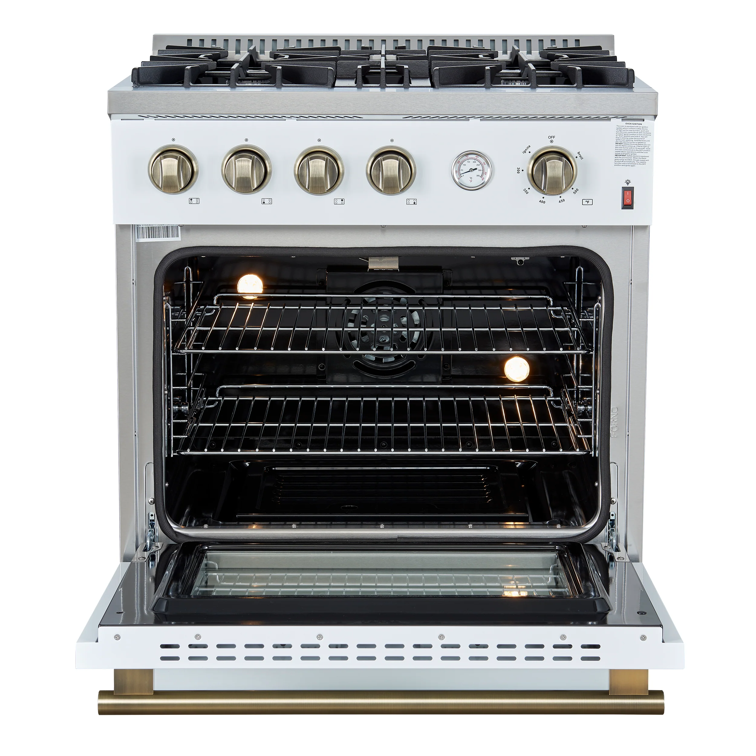 Marco 30-inch Gas Range White & Antique Brass Design, 4 Burners 37,000 BTU, 4.32 cu.ft. Convection Oven - Image 2