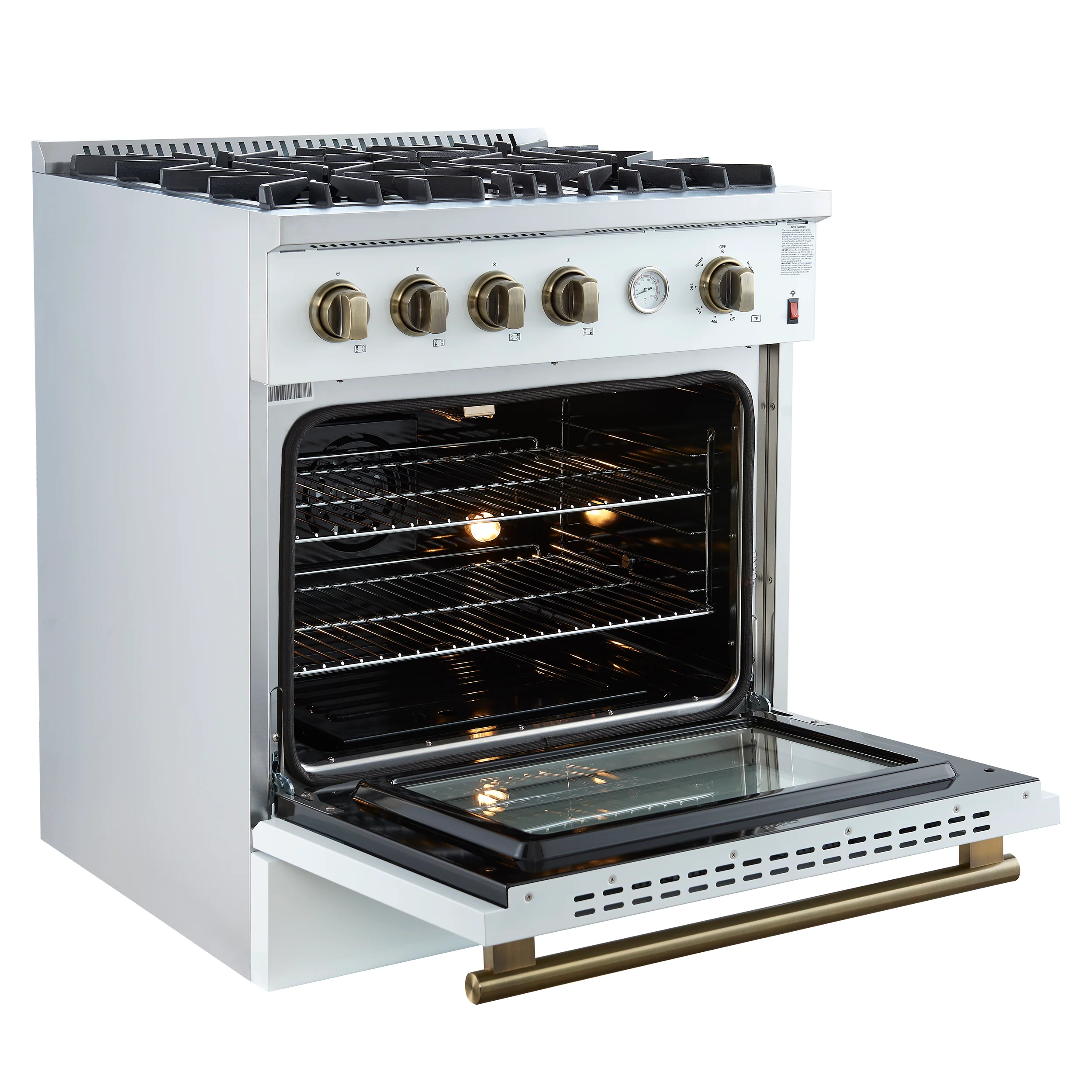 Marco 30-inch Gas Range White & Antique Brass Design, 4 Burners 37,000 BTU, 4.32 cu.ft. Convection Oven - Image 5