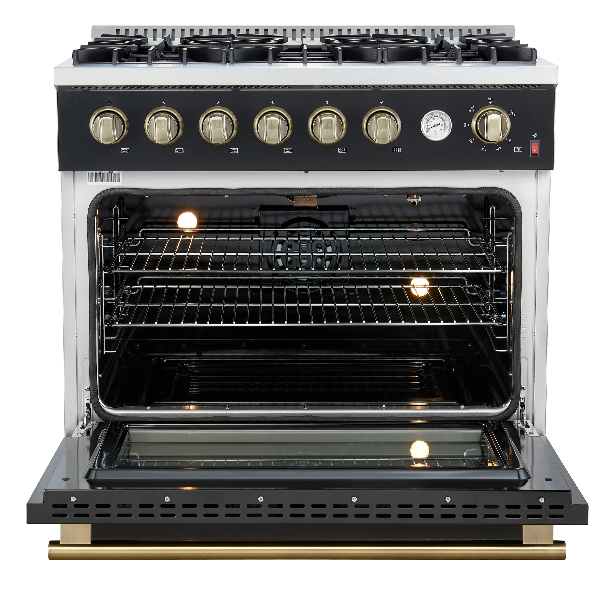 Marco 36-Inch Gas Range Black & Antique Brass Design, 6 Burners 67,000 BTU, 5.36 cu.ft. Convection Oven - Image 2