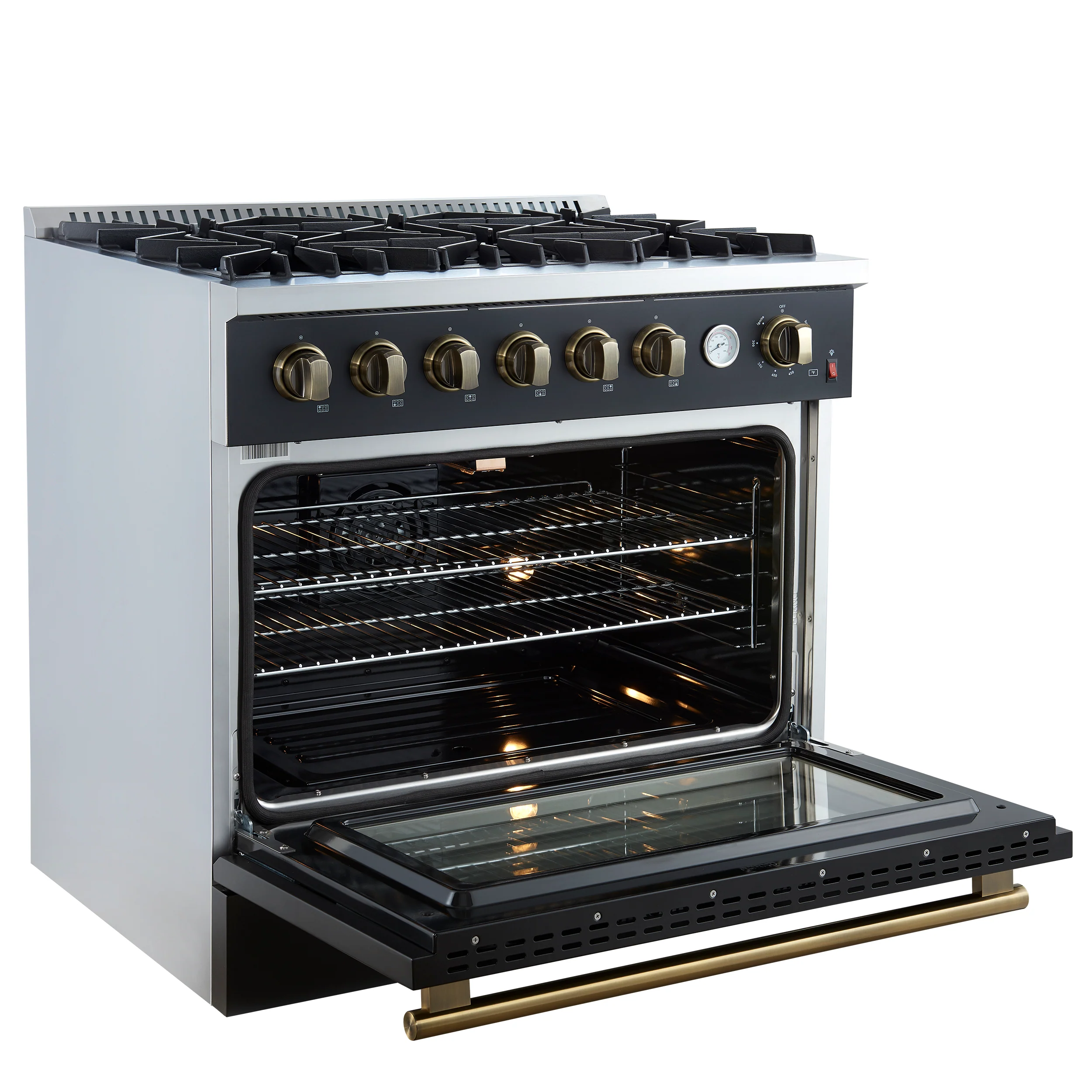 Marco 36-Inch Gas Range Black & Antique Brass Design, 6 Burners 67,000 BTU, 5.36 cu.ft. Convection Oven - Image 7
