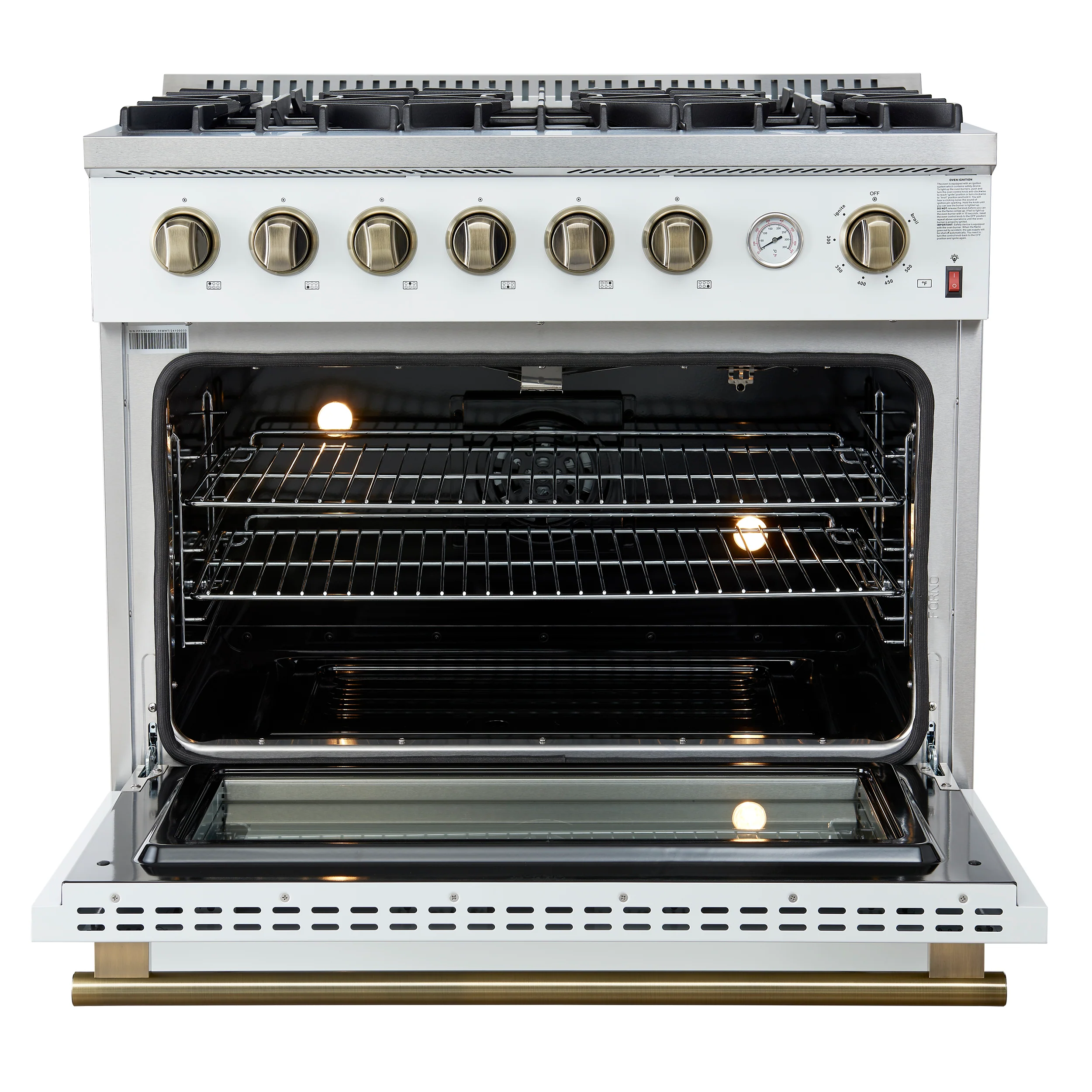 Marco 36-Inch Gas Range White & Antique Brass Design, 6 Burners 67,000 BTU, 5.36 cu.ft. Convection Oven - Image 2