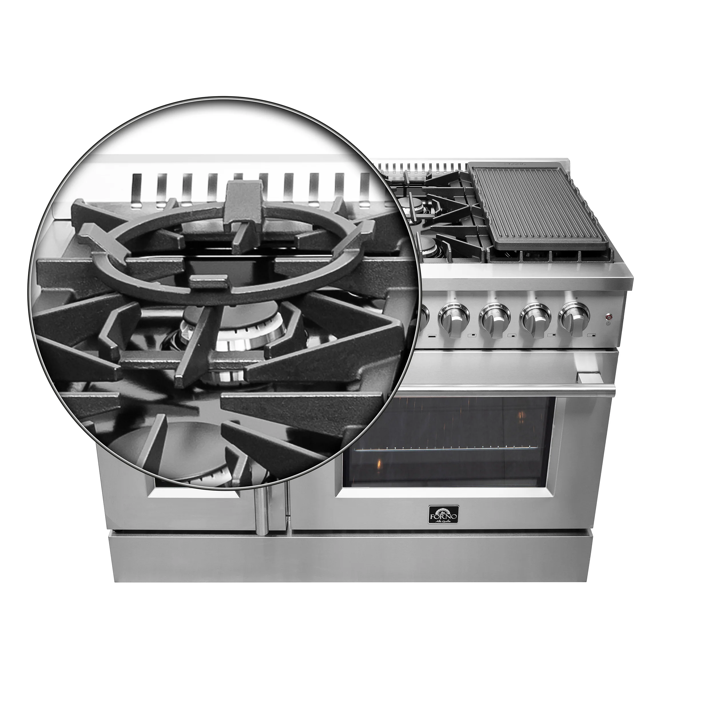 FORNO Galiano 48-Inch French Door Dual Fuel Range All Stainless Steel, 8 Sealed Burners, 107,000 BTU, Griddle, 6.58 cu.ft. Double Ovens - Image 9