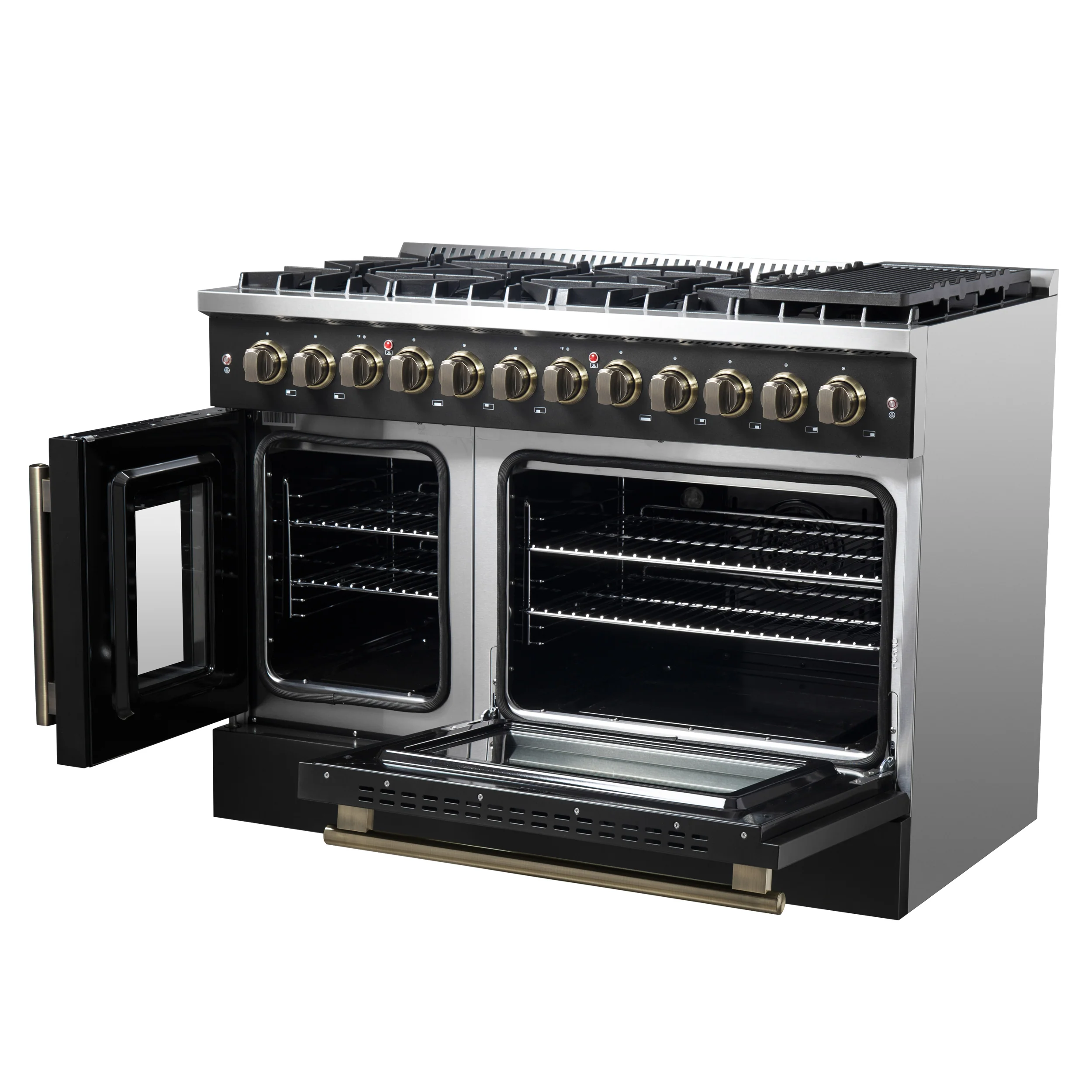 Forno Galiano 48-inch French Door Dual Fuel Range, Black & Antique Brass Design, 8 Sealed Burners - 107,000 BTU, Griddle, 6.58 cu.ft. Double Ovens - Image 10