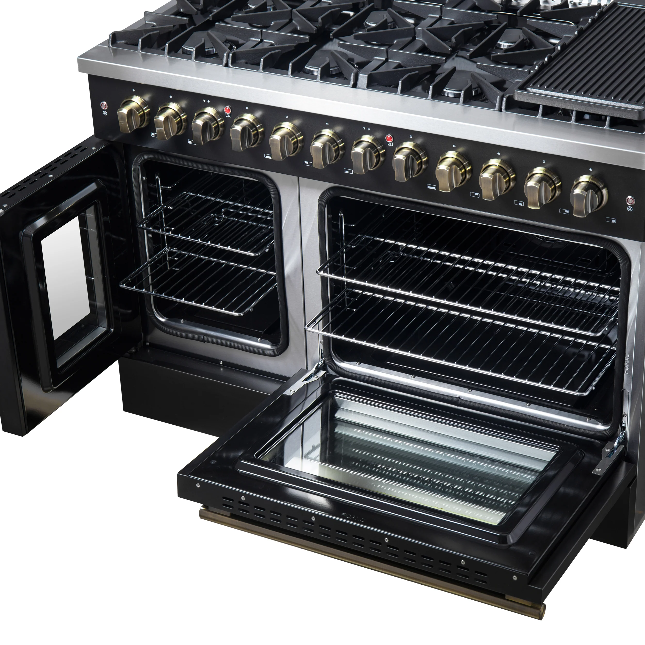 Forno Galiano 48-inch French Door Dual Fuel Range, Black & Antique Brass Design, 8 Sealed Burners - 107,000 BTU, Griddle, 6.58 cu.ft. Double Ovens - Image 11