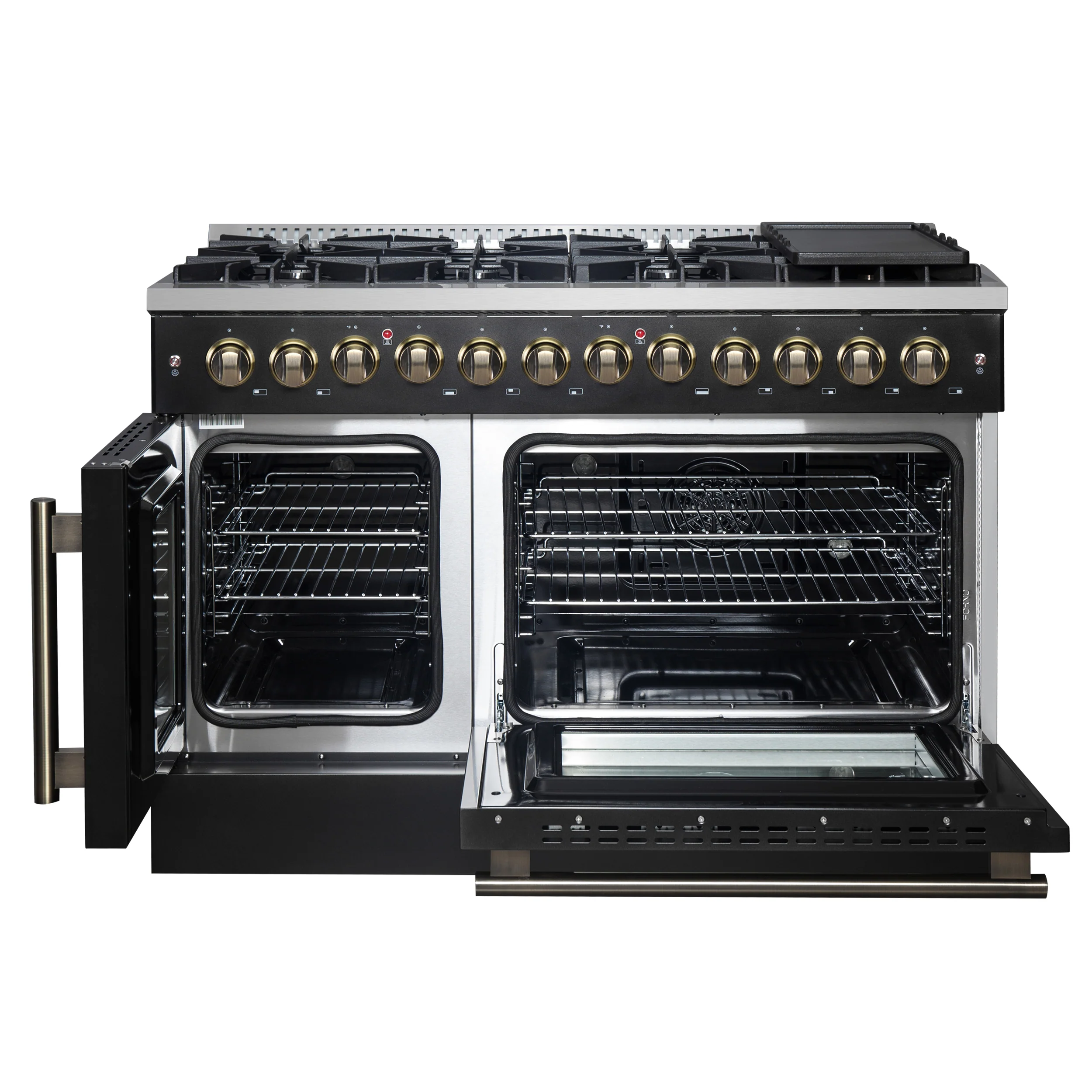 Forno Galiano 48-inch French Door Dual Fuel Range, Black & Antique Brass Design, 8 Sealed Burners - 107,000 BTU, Griddle, 6.58 cu.ft. Double Ovens - Image 13