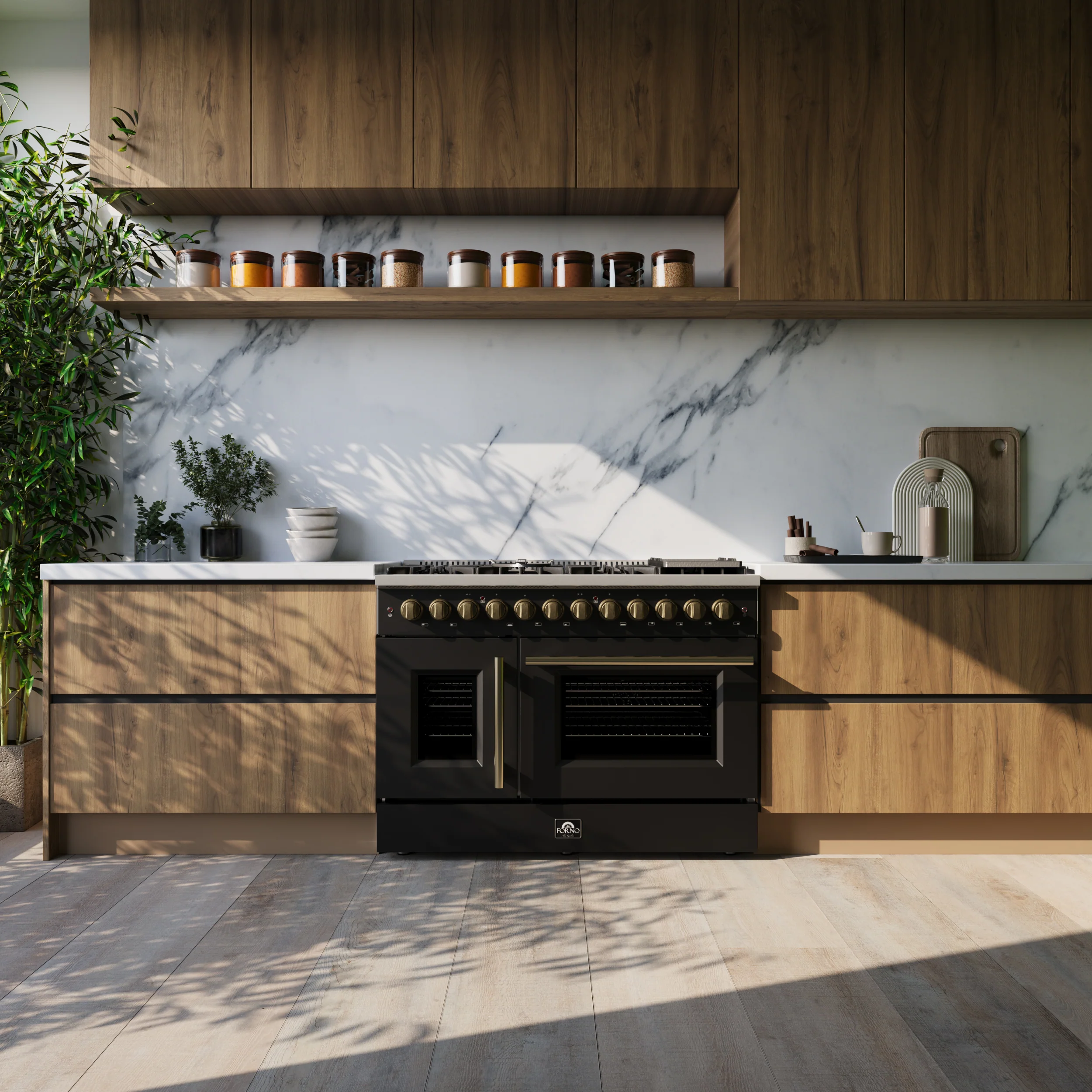 Forno Galiano 48-inch French Door Dual Fuel Range, Black & Antique Brass Design, 8 Sealed Burners - 107,000 BTU, Griddle, 6.58 cu.ft. Double Ovens - Image 16
