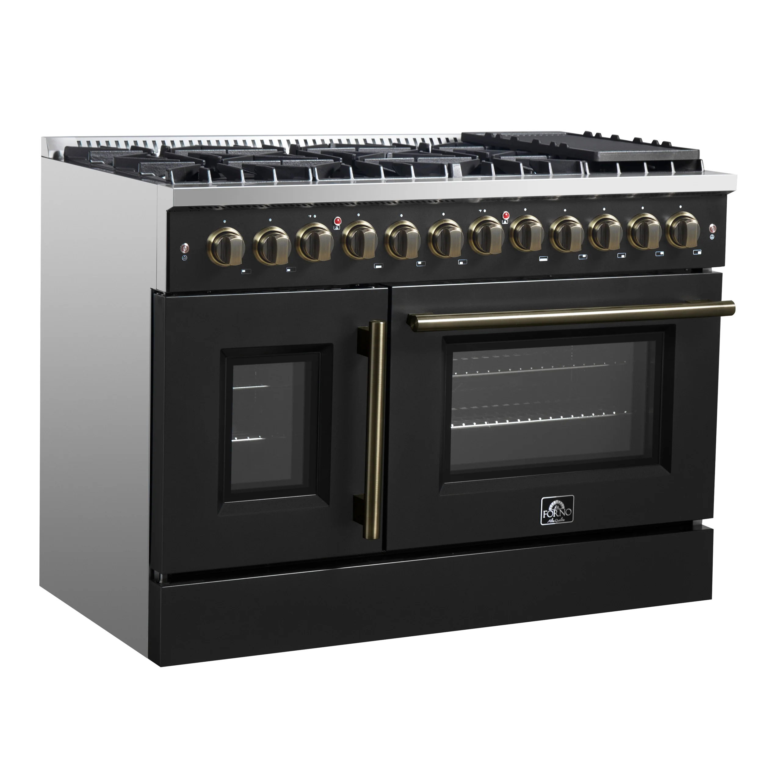 Forno Galiano 48-inch French Door Dual Fuel Range, Black & Antique Brass Design, 8 Sealed Burners - 107,000 BTU, Griddle, 6.58 cu.ft. Double Ovens - Image 2