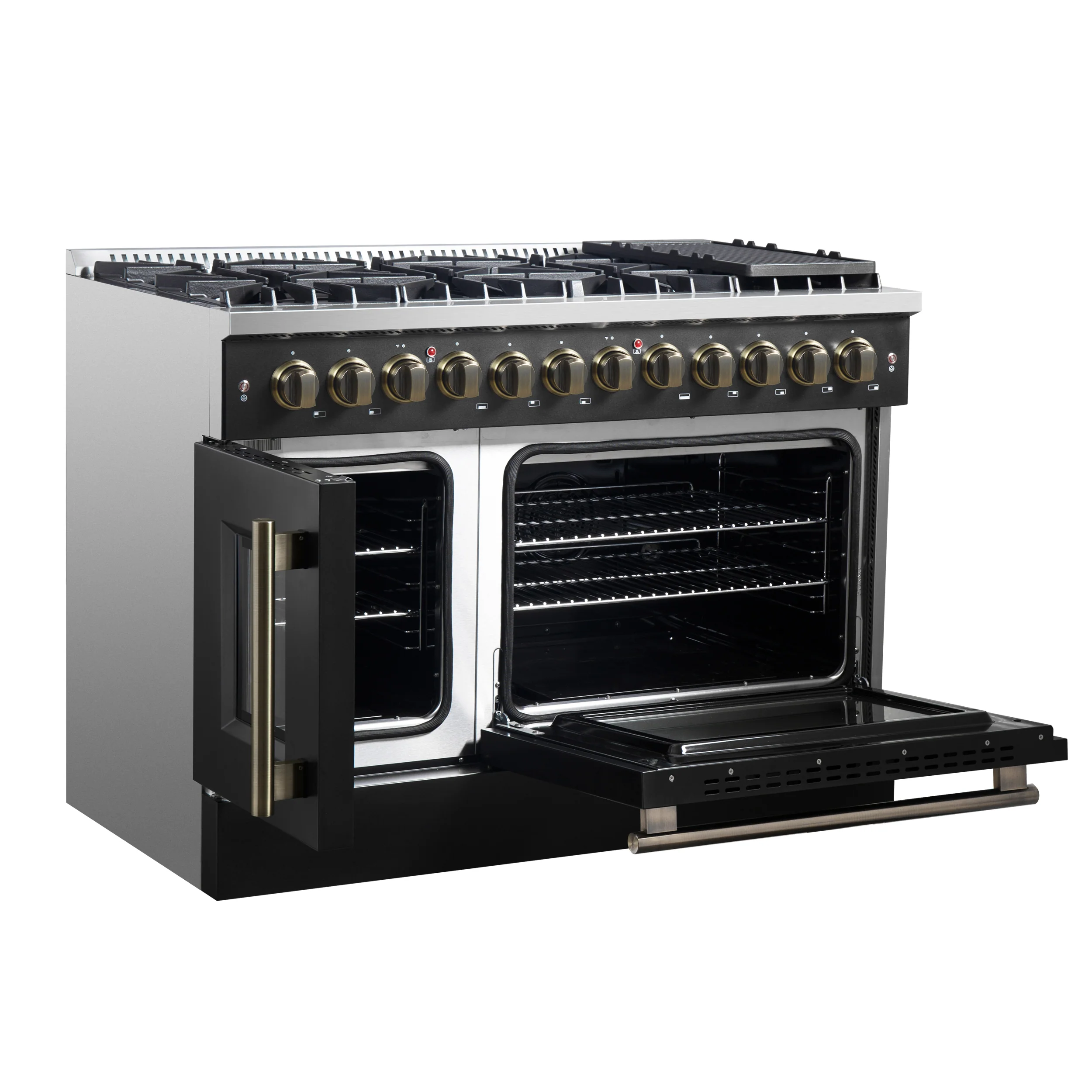 Forno Galiano 48-inch French Door Dual Fuel Range, Black & Antique Brass Design, 8 Sealed Burners - 107,000 BTU, Griddle, 6.58 cu.ft. Double Ovens - Image 5