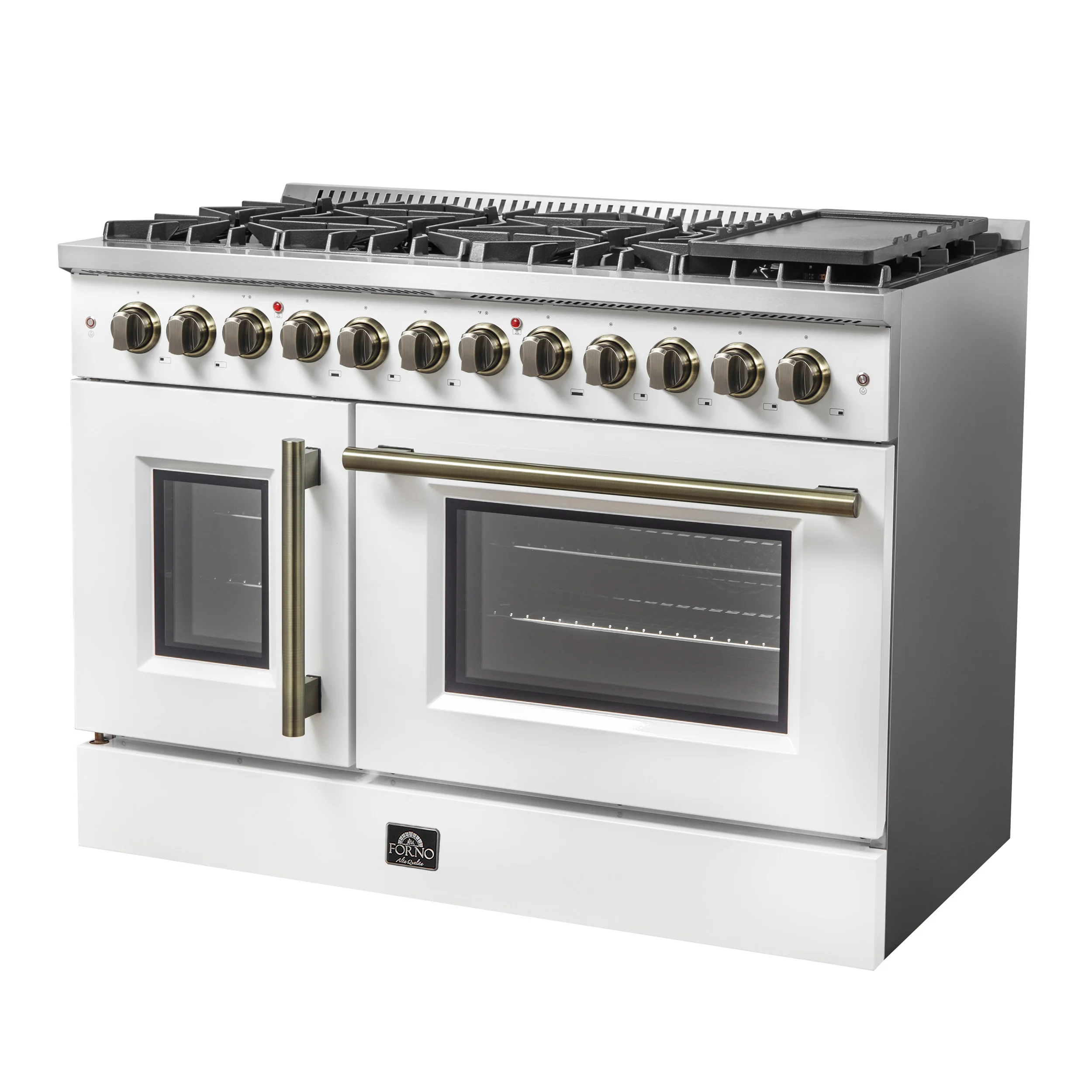 Forno Galiano 48-inch French Door Dual Fuel Range, White & Antique Brass Design, 8 Sealed Burners - 107,000 BTU, Griddle, 6.58 cu.ft. Double Ovens - Image 11
