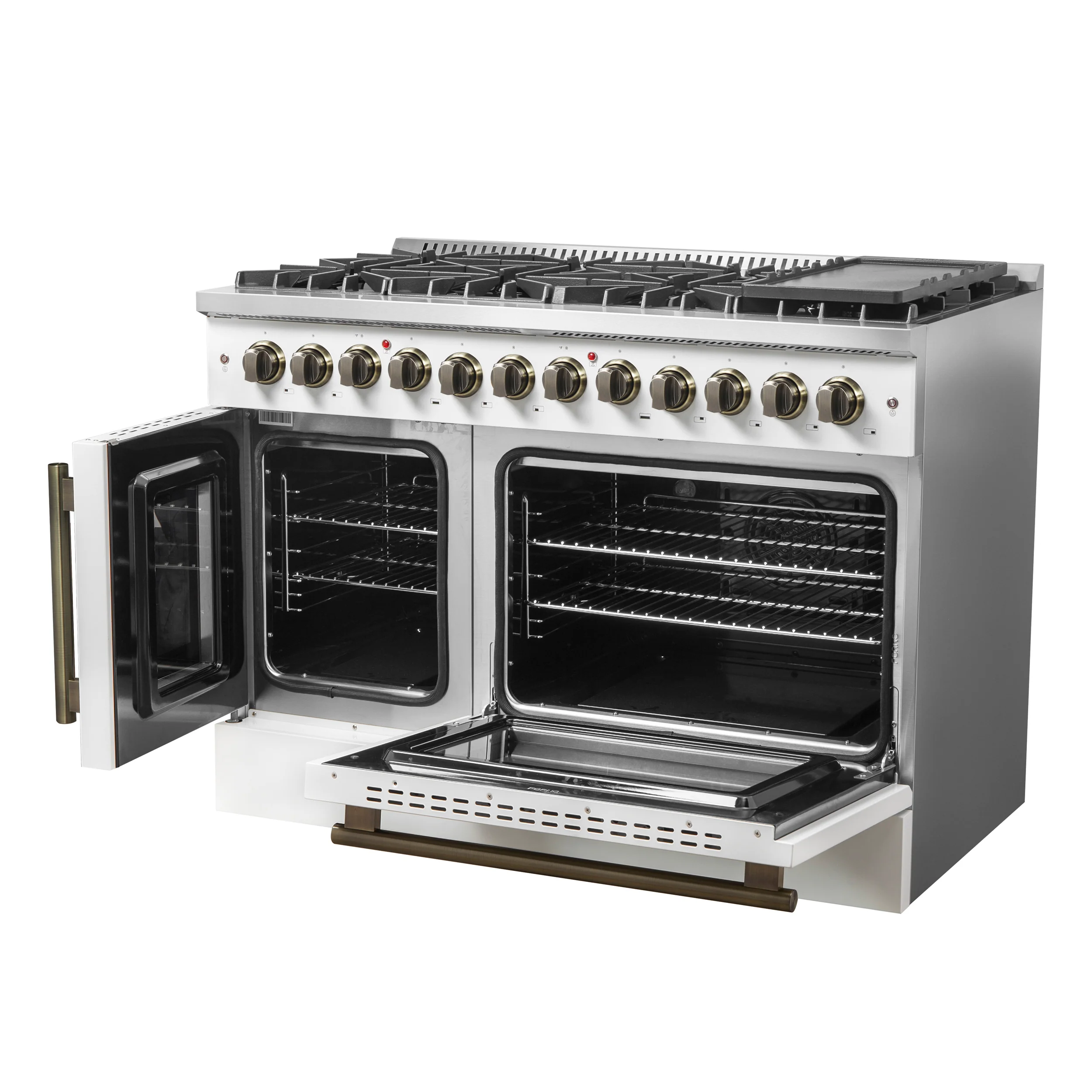 Forno Galiano 48-inch French Door Dual Fuel Range, White & Antique Brass Design, 8 Sealed Burners - 107,000 BTU, Griddle, 6.58 cu.ft. Double Ovens - Image 12