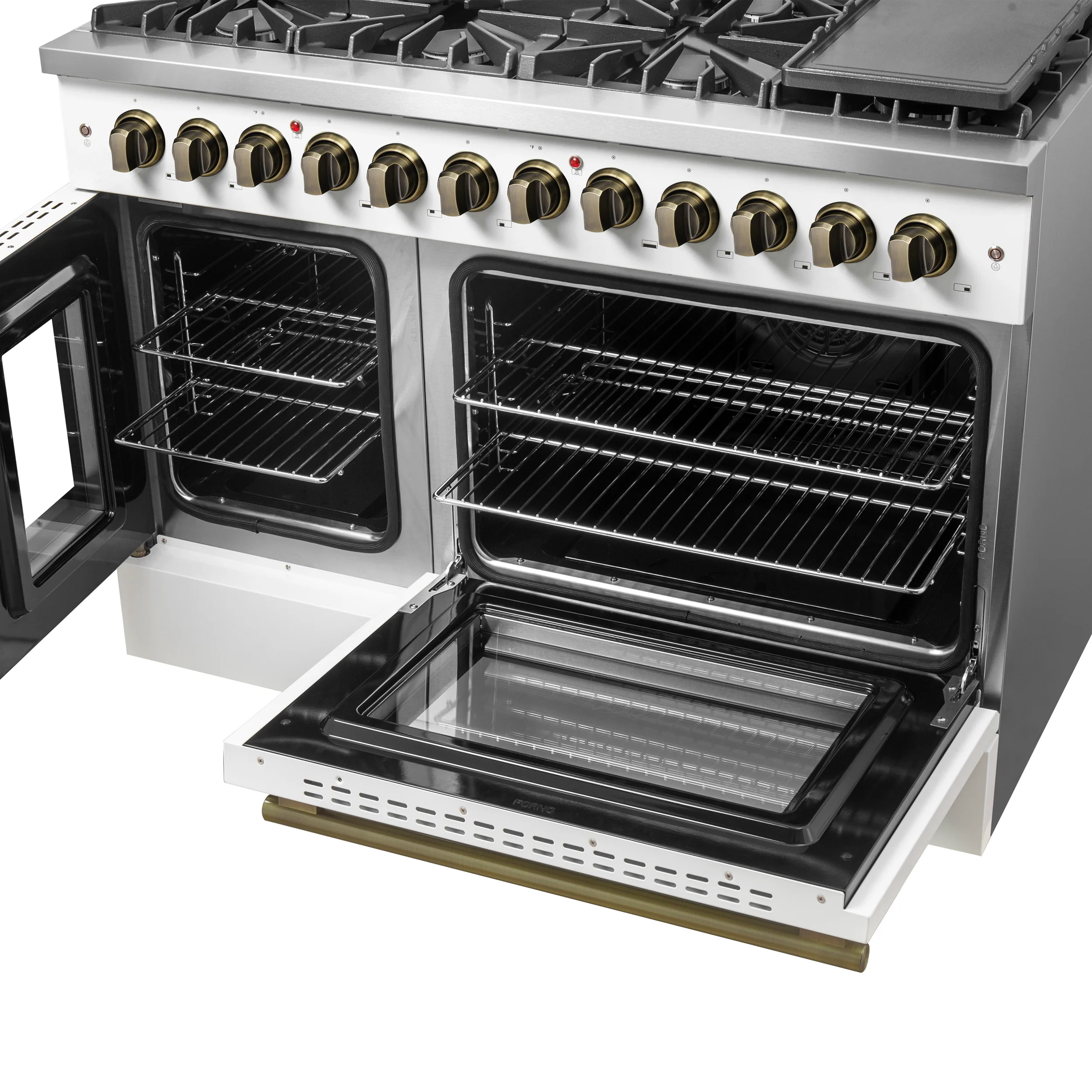Forno Galiano 48-inch French Door Dual Fuel Range, White & Antique Brass Design, 8 Sealed Burners - 107,000 BTU, Griddle, 6.58 cu.ft. Double Ovens - Image 13