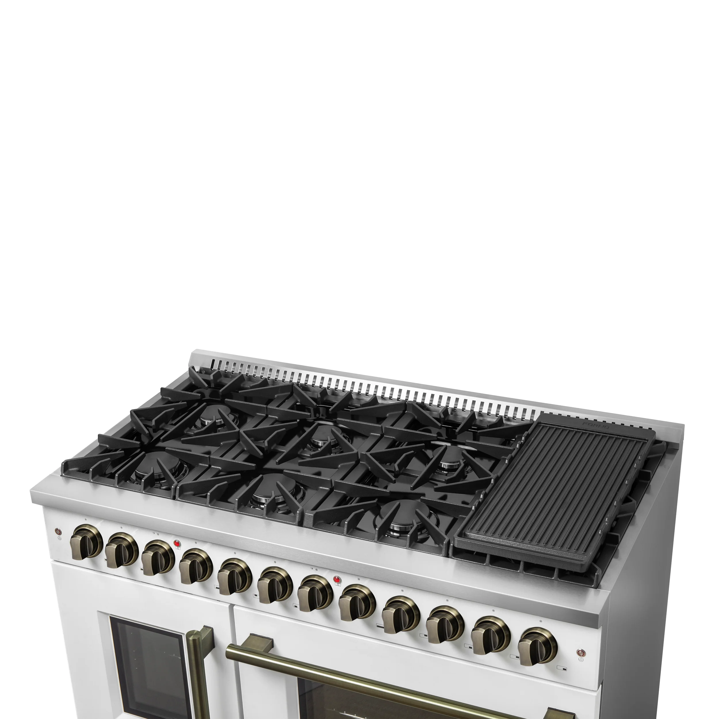Forno Galiano 48-inch French Door Dual Fuel Range, White & Antique Brass Design, 8 Sealed Burners - 107,000 BTU, Griddle, 6.58 cu.ft. Double Ovens - Image 14