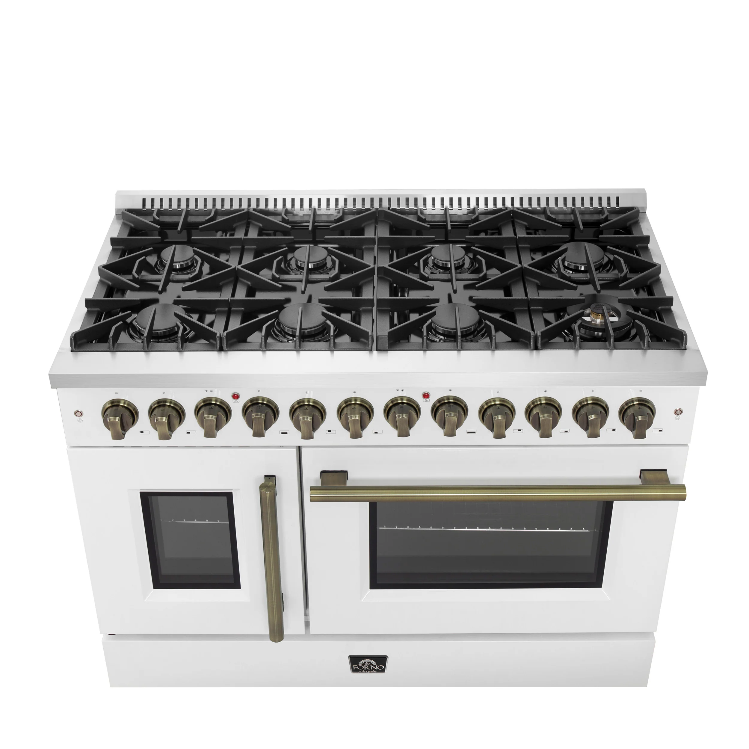 Forno Galiano 48-inch French Door Dual Fuel Range, White & Antique Brass Design, 8 Sealed Burners - 107,000 BTU, Griddle, 6.58 cu.ft. Double Ovens - Image 4