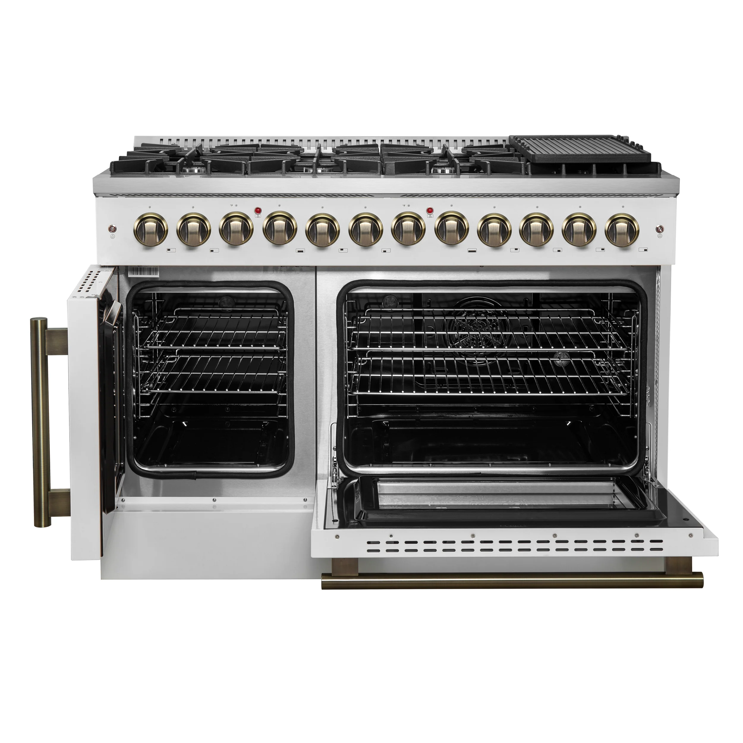 Forno Galiano 48-inch French Door Dual Fuel Range, White & Antique Brass Design, 8 Sealed Burners - 107,000 BTU, Griddle, 6.58 cu.ft. Double Ovens - Image 5