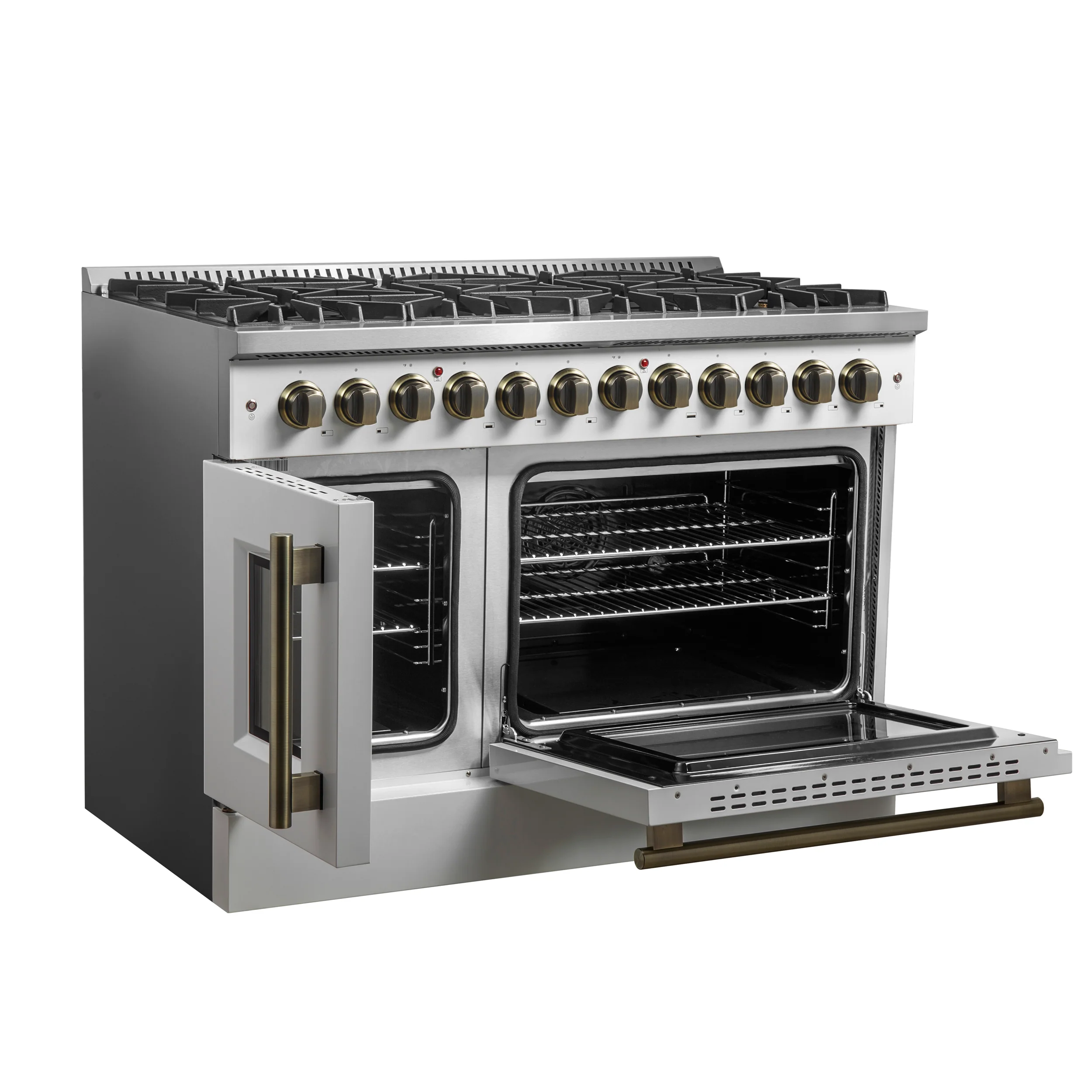Forno Galiano 48-inch French Door Dual Fuel Range, White & Antique Brass Design, 8 Sealed Burners - 107,000 BTU, Griddle, 6.58 cu.ft. Double Ovens - Image 9