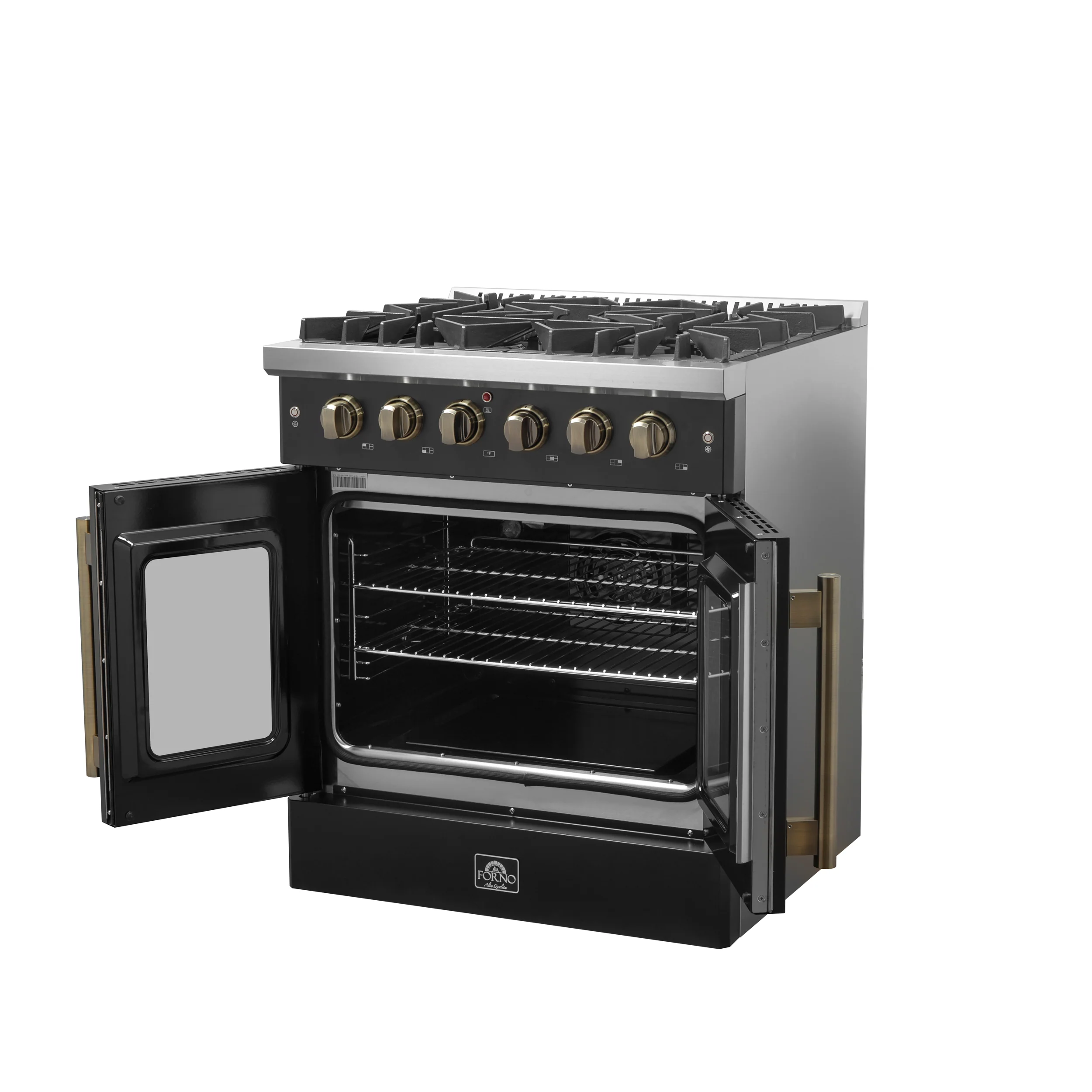 Forno Galiano 30-inch French Door Gas Range Black and Antique Brass Design, 5 Sealed Burners 68,000 BTU, 4.32 cu.ft. Convection Oven - Image 10