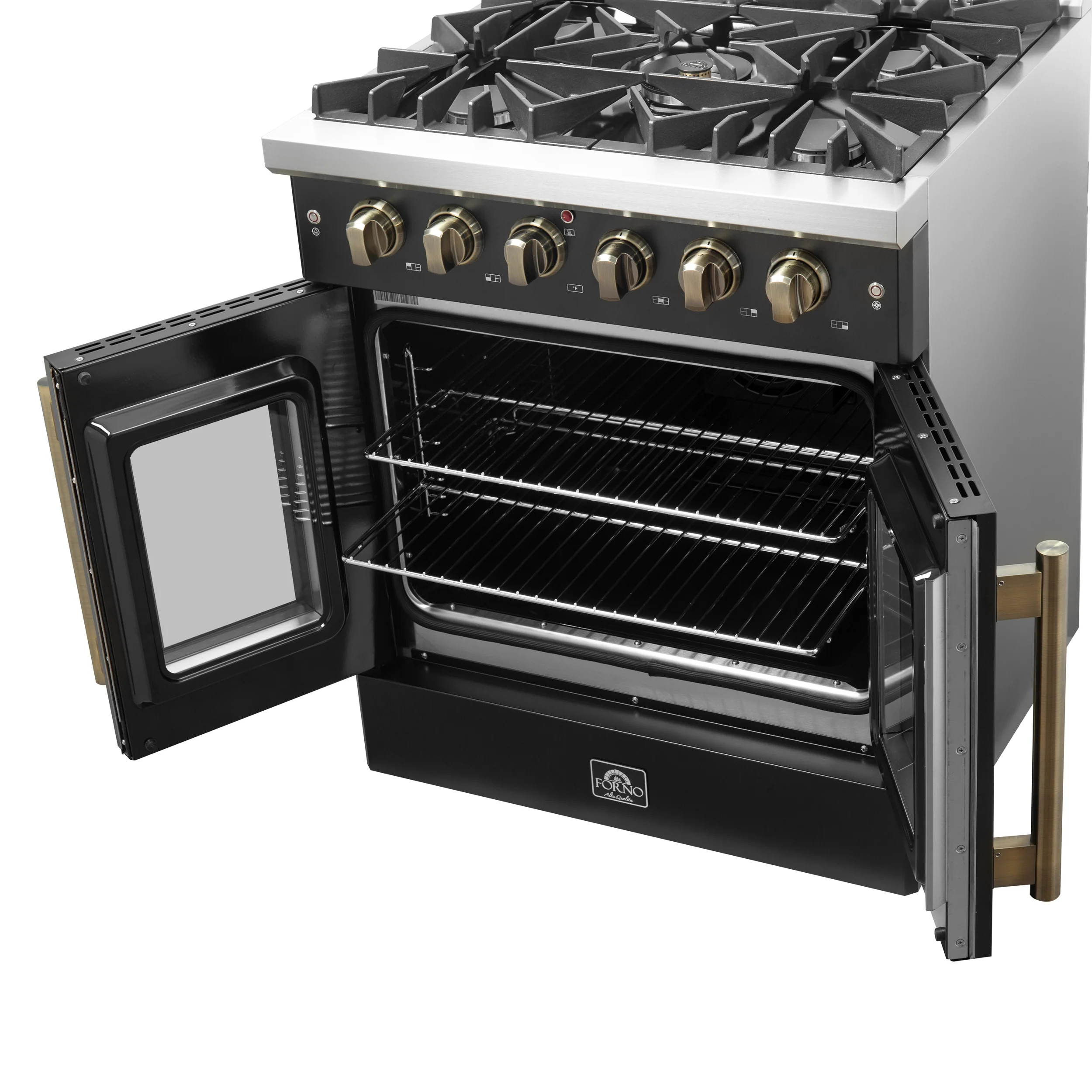 Forno Galiano 30-inch French Door Gas Range Black and Antique Brass Design, 5 Sealed Burners 68,000 BTU, 4.32 cu.ft. Convection Oven - Image 11