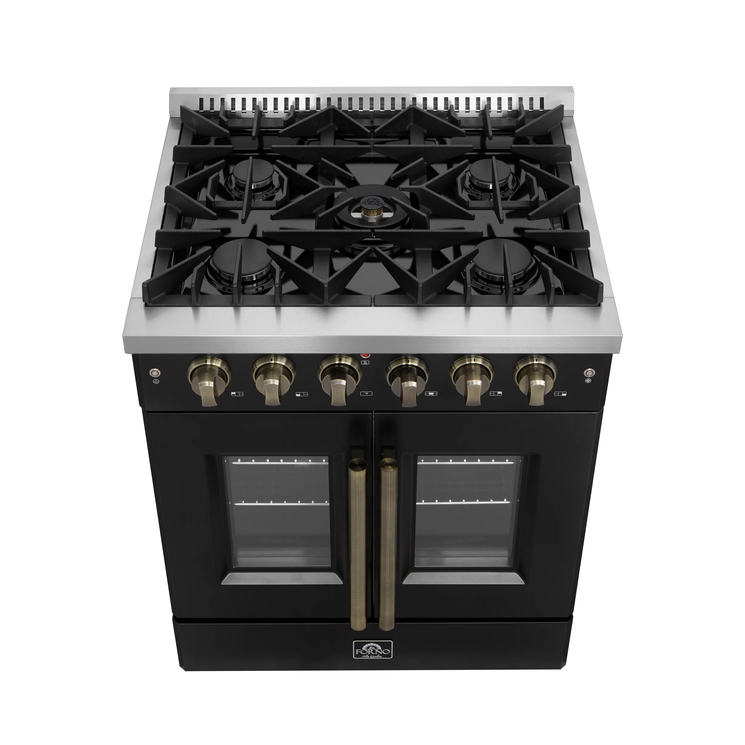 Forno Galiano 30-inch French Door Gas Range Black and Antique Brass Design, 5 Sealed Burners 68,000 BTU, 4.32 cu.ft. Convection Oven - Image 4