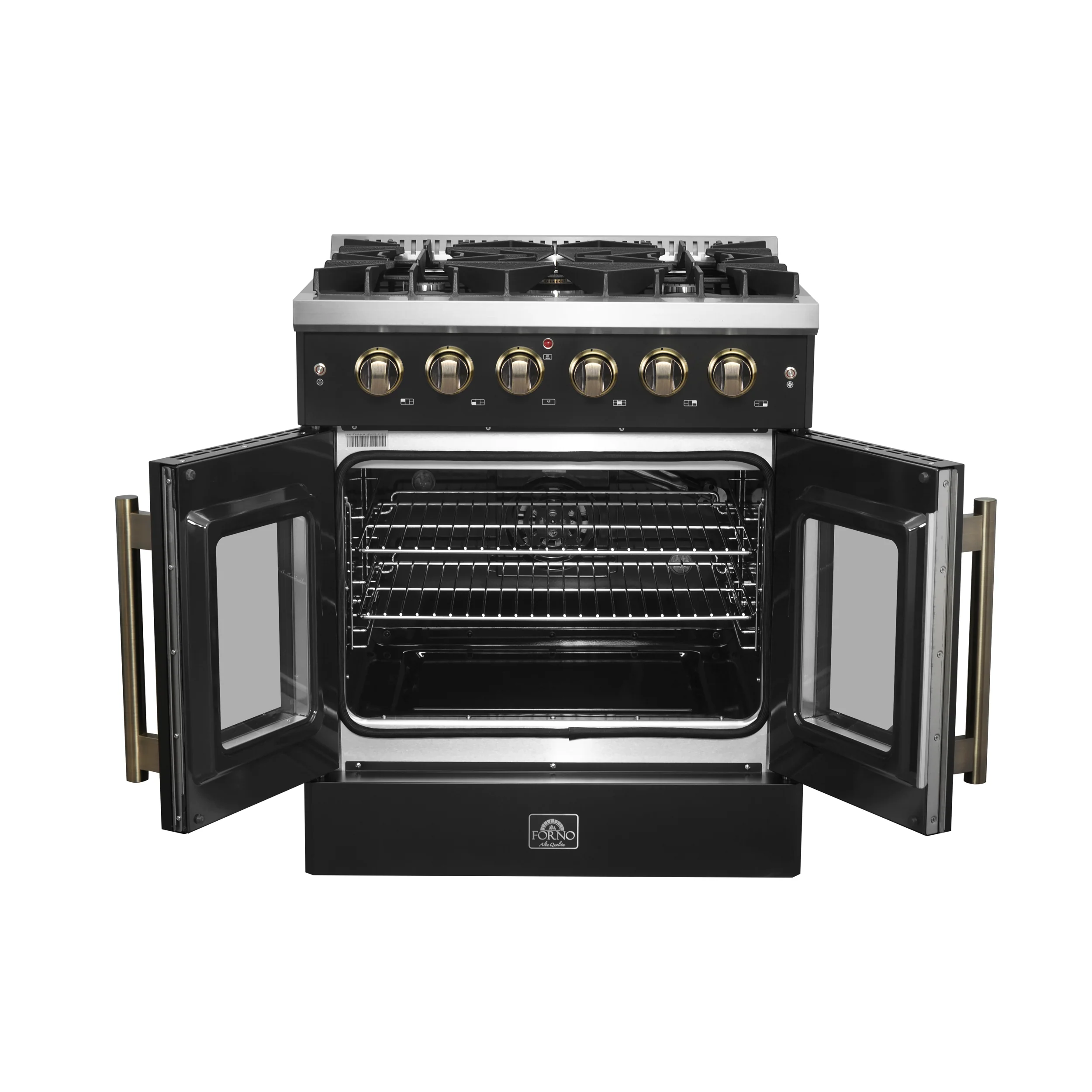 Forno Galiano 30-inch French Door Gas Range Black and Antique Brass Design, 5 Sealed Burners 68,000 BTU, 4.32 cu.ft. Convection Oven - Image 5