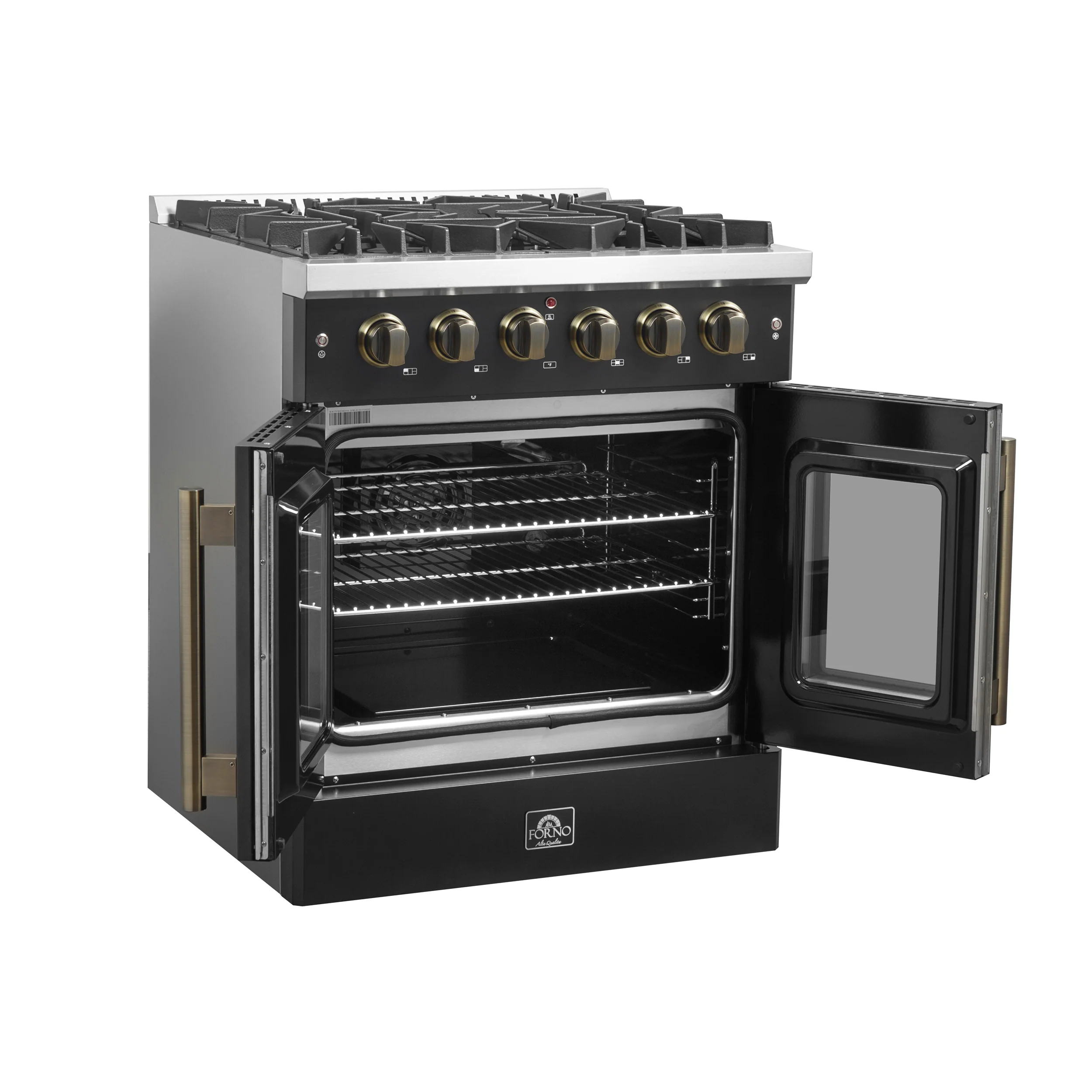 Forno Galiano 30-inch French Door Gas Range Black and Antique Brass Design, 5 Sealed Burners 68,000 BTU, 4.32 cu.ft. Convection Oven - Image 8