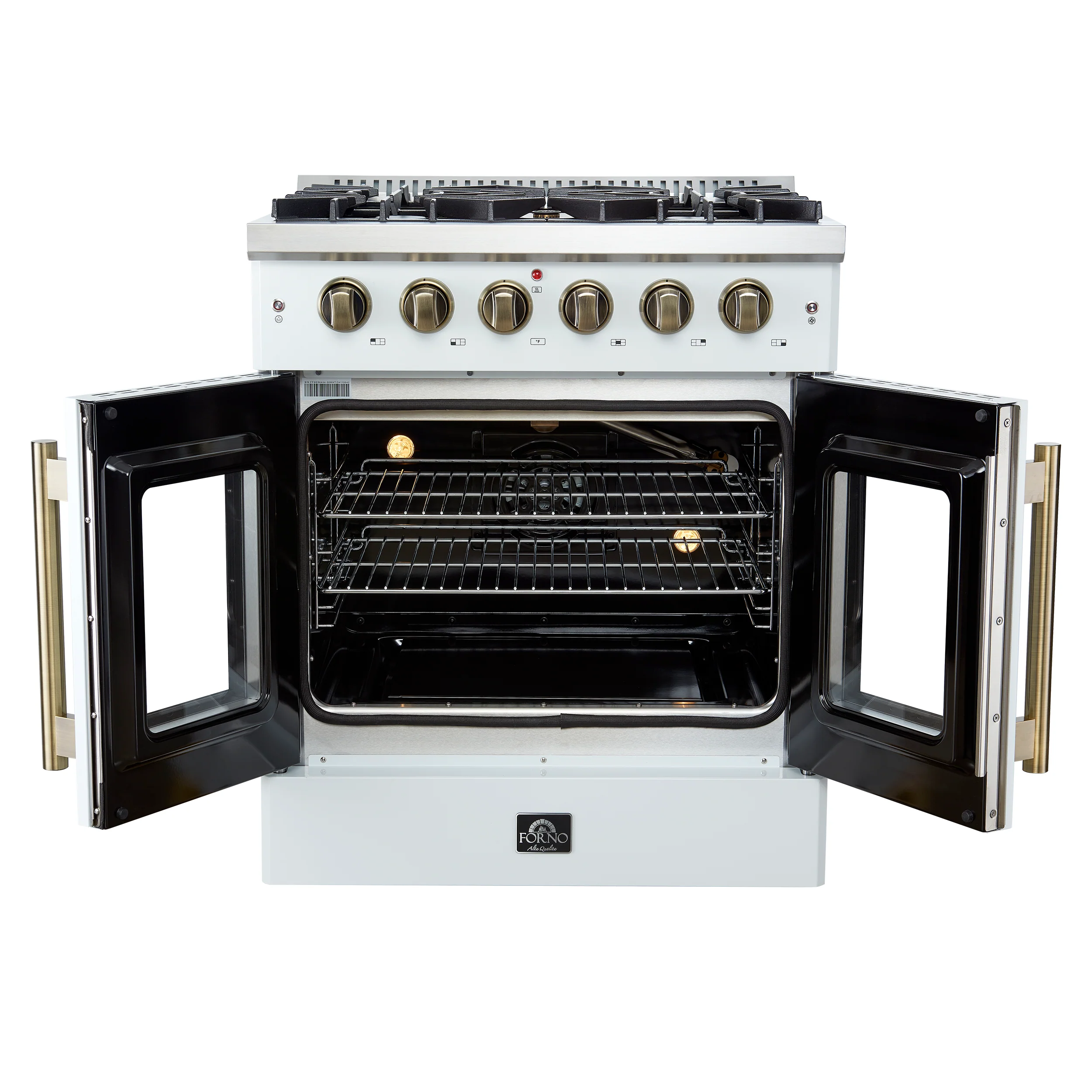 Forno Galiano 30-inch French Door Gas Range
White with Antique Brass Design, 5 Burners,
68,000 BTU, 4.32 cu.ft. Convection Oven - Image 3