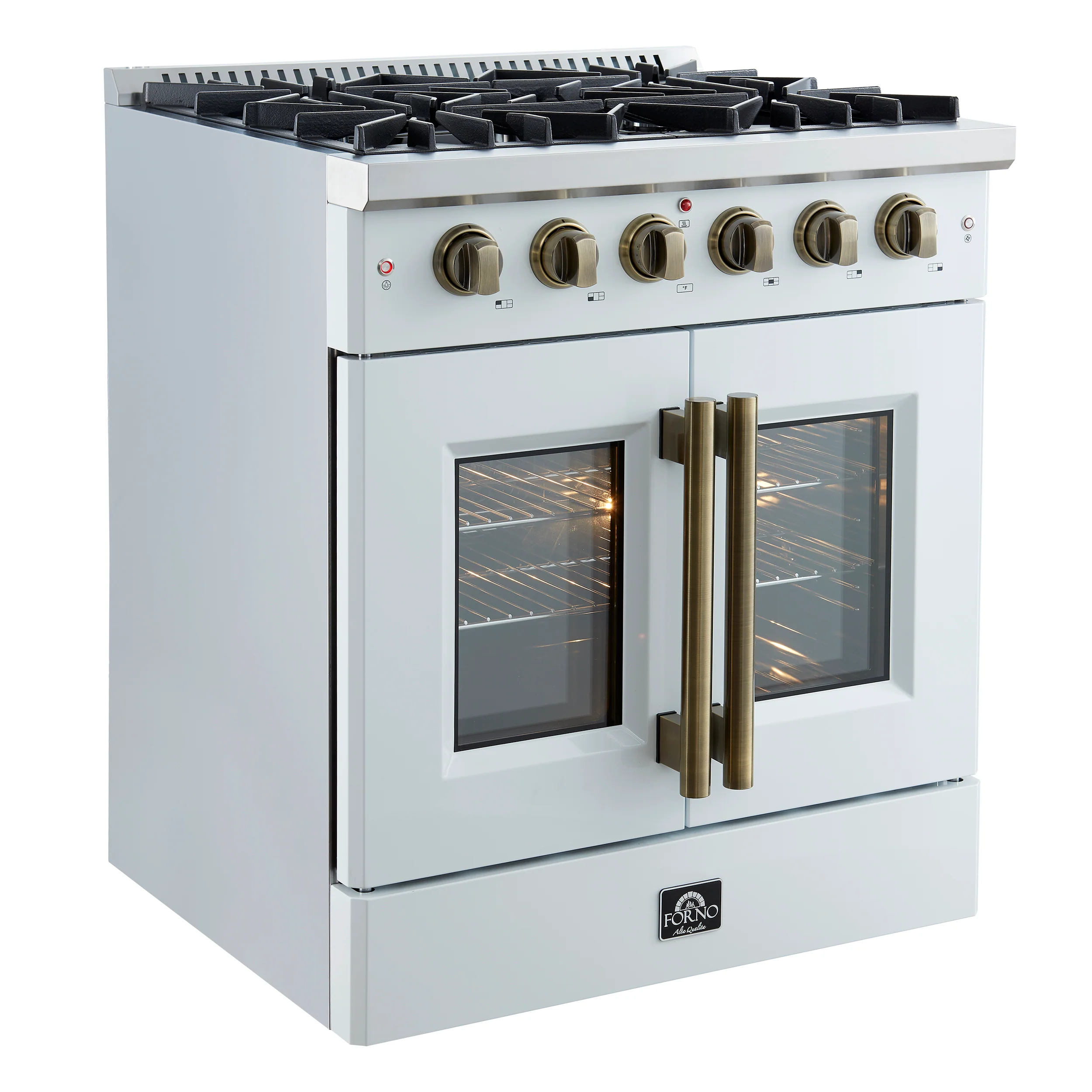 Forno Galiano 30-inch French Door Gas Range
White with Antique Brass Design, 5 Burners,
68,000 BTU, 4.32 cu.ft. Convection Oven - Image 4