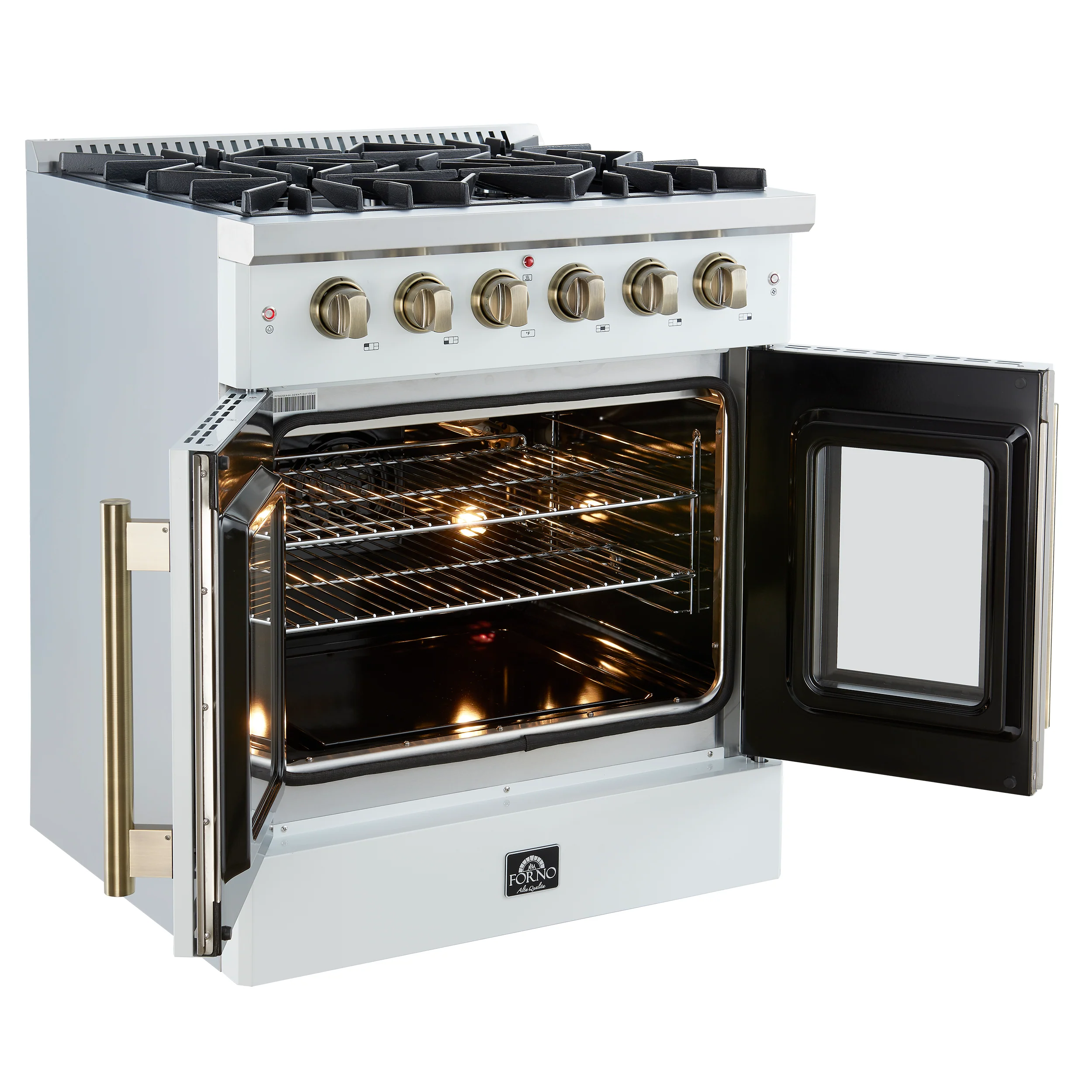 Forno Galiano 30-inch French Door Gas Range
White with Antique Brass Design, 5 Burners,
68,000 BTU, 4.32 cu.ft. Convection Oven - Image 7