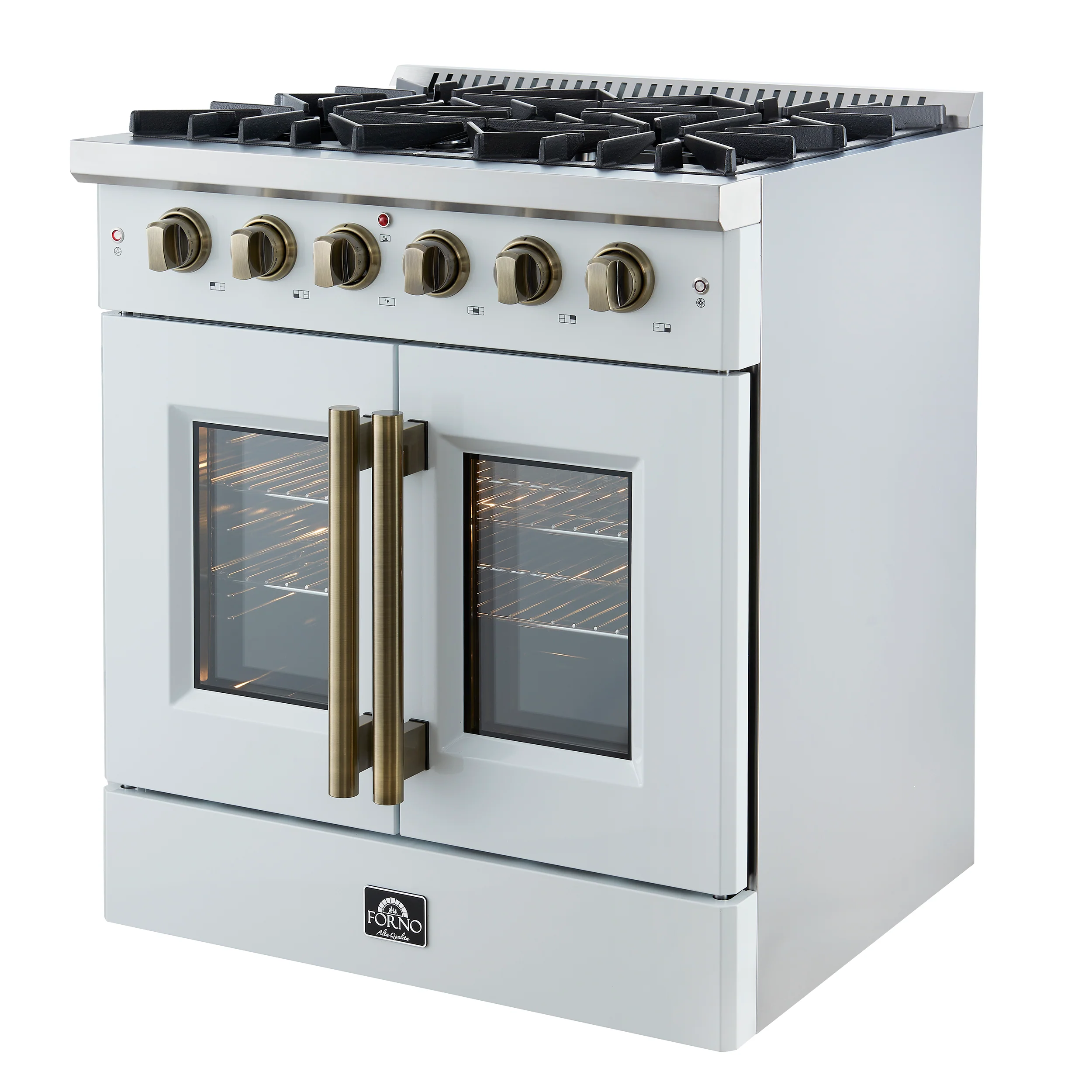 Forno Galiano 30-inch French Door Gas Range
White with Antique Brass Design, 5 Burners,
68,000 BTU, 4.32 cu.ft. Convection Oven - Image 9