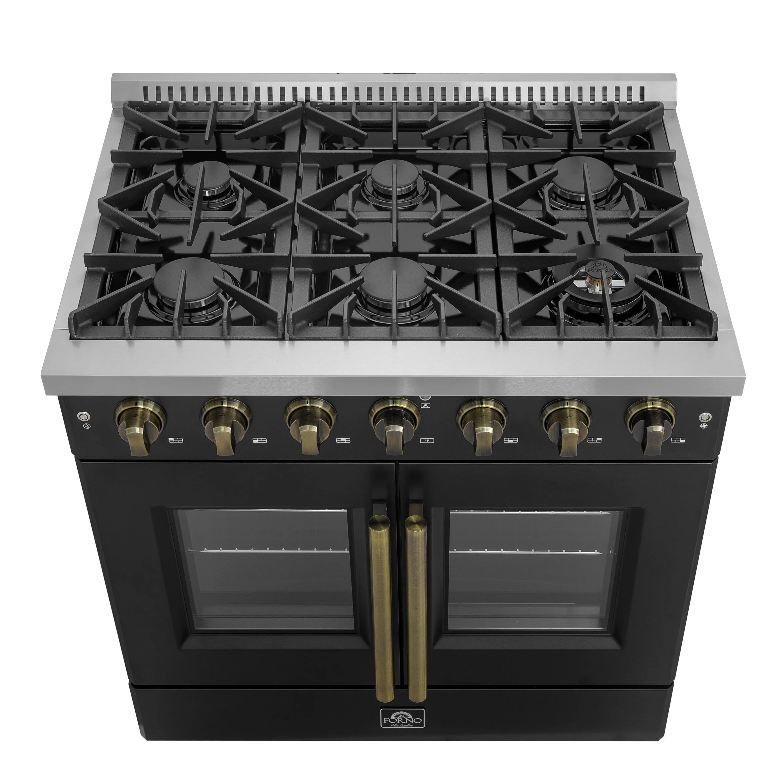 Forno Galiano 36-inch French Door Gas Range Black and Antique Brass Design, 6 Sealed Burners 83,000 BTU, 5.36 cu.ft. Convection Oven - Image 2
