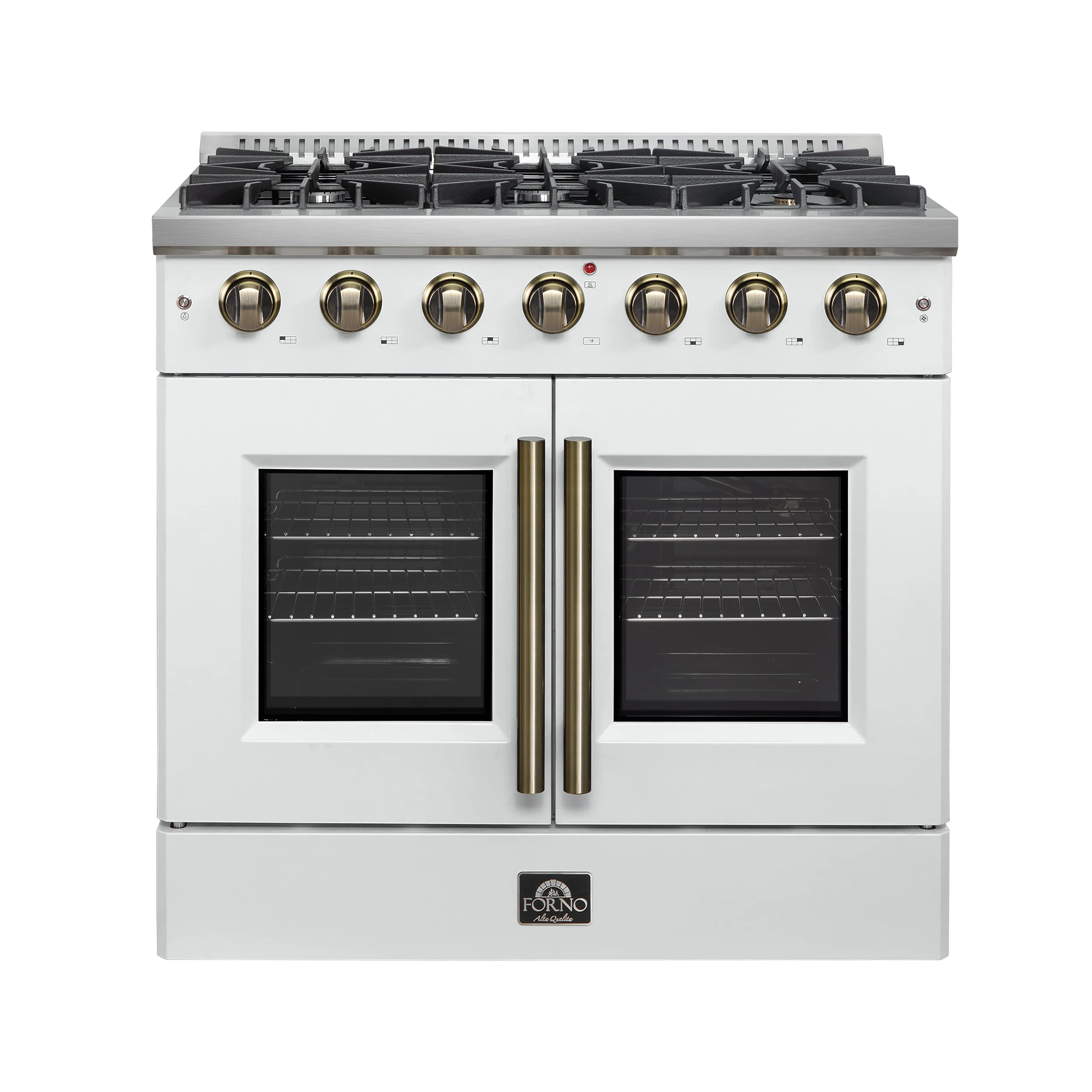 Forno Galiano 36-inch French Door Gas Range White and Antique Brass Design, 6 Sealed Burners 83,000 BTU, 5.36 cu.ft. Convection Oven