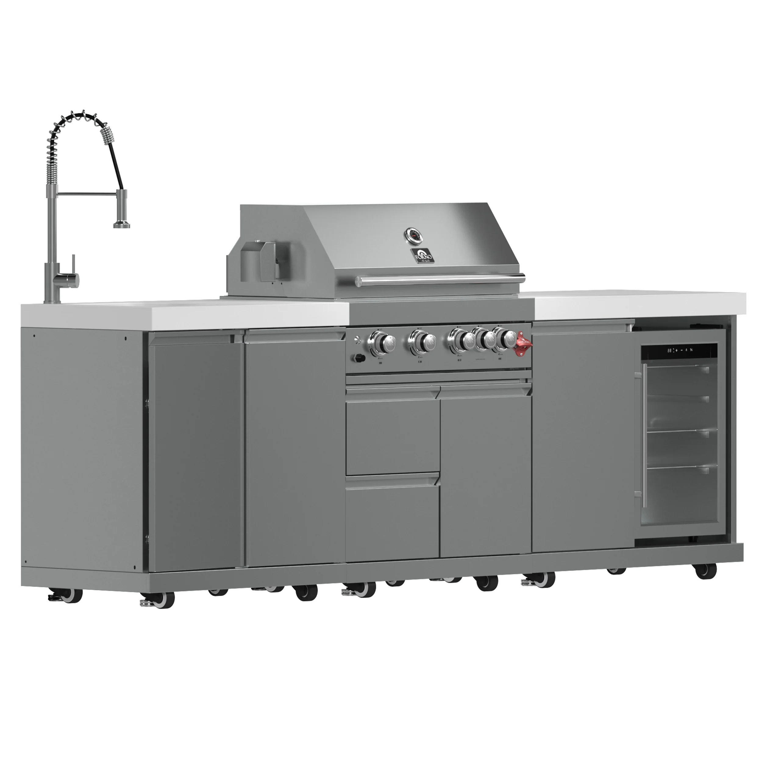 FORNO Bulnes 30-Inch BBQ, 60,000 BTU, 3 Burners with Sear & Rotisserie Infrared Burners, Stainless Steel Outdoor Kitchen with 1.8 cu.ft. Beverage Center & White Sintered Stone Countertops - Image 3