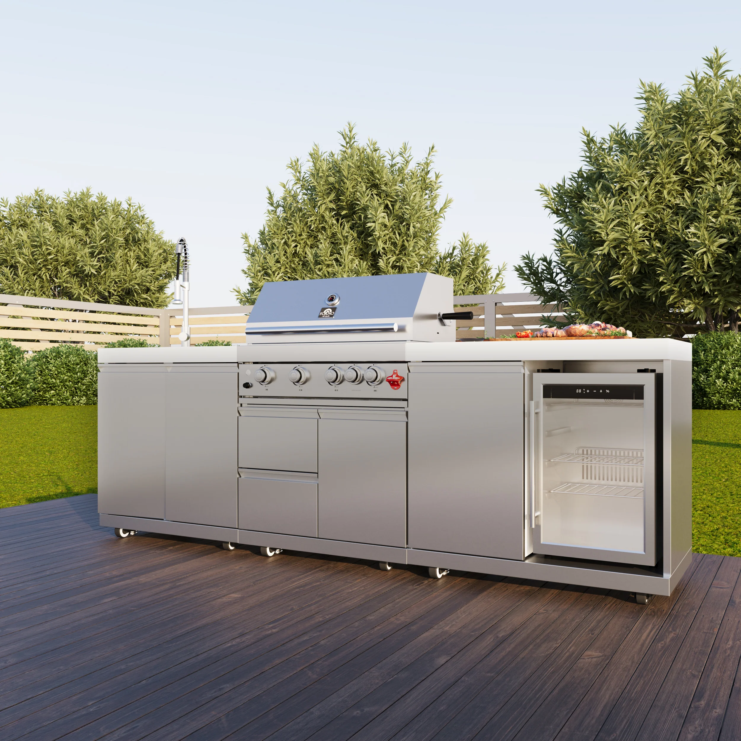 FORNO Bulnes 30-Inch BBQ, 60,000 BTU, 3 Burners with Sear & Rotisserie Infrared Burners, Stainless Steel Outdoor Kitchen with 1.8 cu.ft. Beverage Center & White Sintered Stone Countertops - Image 8