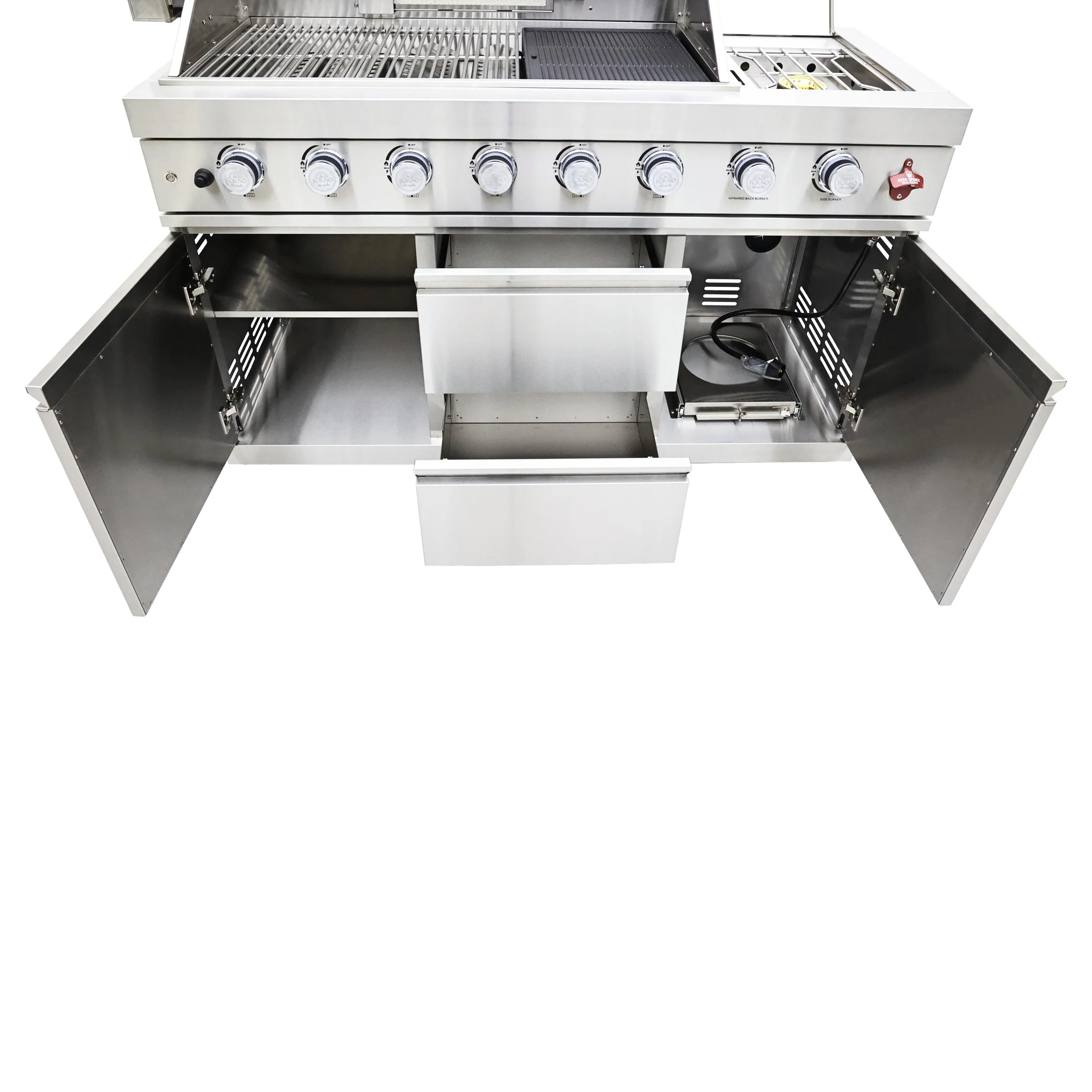 FORNO Bulnes 40-Inch BBQ, 95,000 BTU, 5 Burners, Sear & Rotisserie Infrared with Side Burner, Stainless Steel Outdoor Kitchen with 1.8 cu.ft. Beverage Center & White Sintered Stone Countertops - Image 14